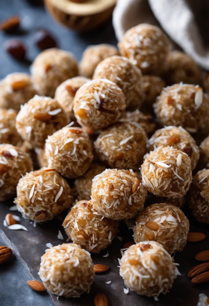 Coconut Energy Bites: Shredded coconut, almonds, and dates blended into small energy bites