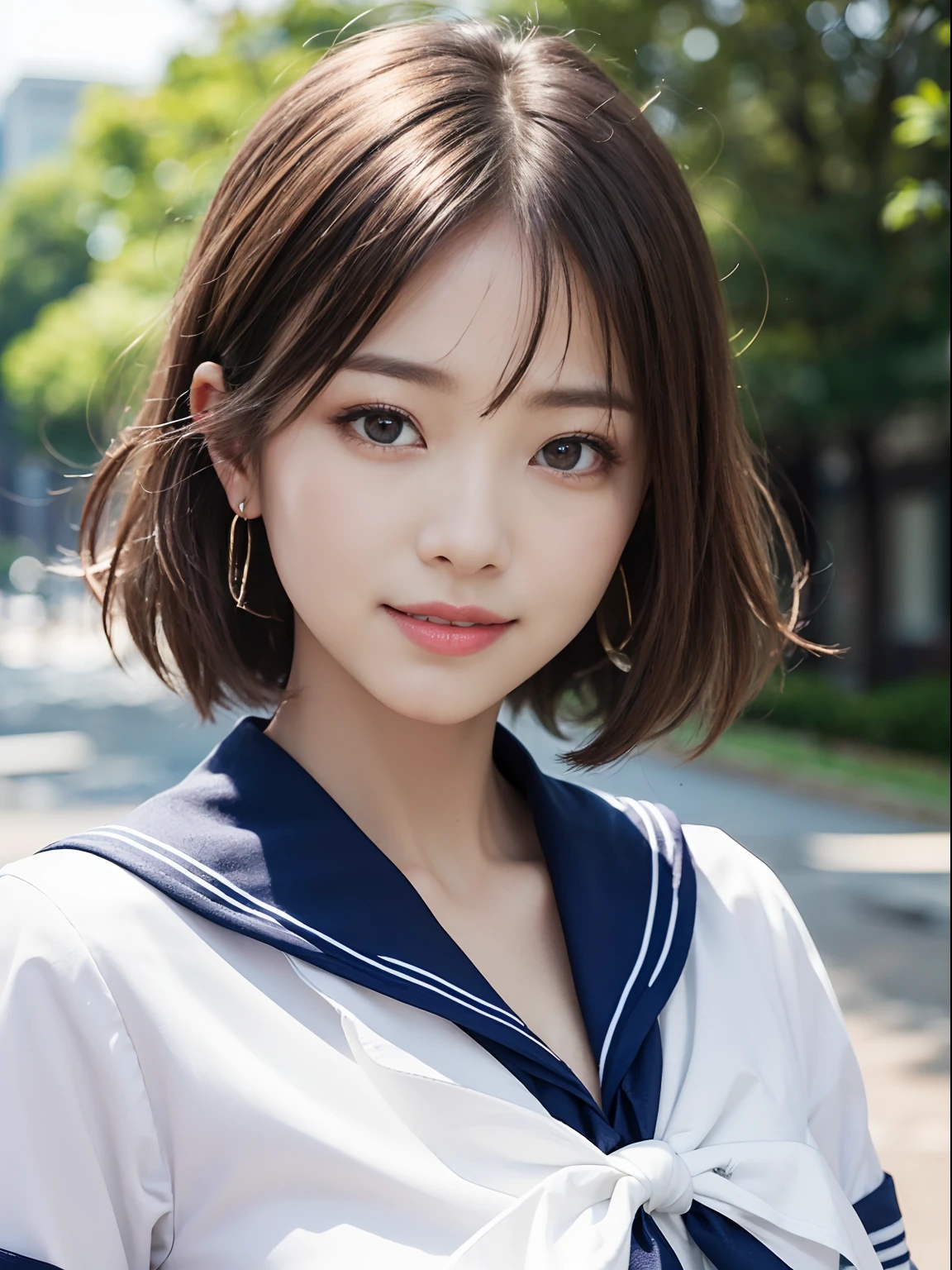 ((((top-quality))))、(((Ultra Precision CG16K Wallpapers)))、(((masterpiece)))、(((ultra-detailliert)))、(((Ultra-extreme details)))、One woman、a matural female、26-year-old woman、((Japanese face))、((extremely beautiful face))、((bob cuts:1.2))、(curly hair)、Bangs up to the eyebrows、Beautiful brown hair、Beautiful delicate eyes、Brown eyes、lofty nose、small nostrils、seductive lips、Beautiful breasts、C-cup size breasts、cleavage of the breast、perfectly proportions、perfect anatomia、Beautiful and detailed shading、Beautiful natural lighting、Beautiful detail glow、depth of fields、(((a high chroma)))、((realisitic:1.9))、((Vivid:1.4))、((Beautiful skin))、((Skin texture))、dynamic ungle、((full bodyesbian))、((Angle from the front))、((a smile))、(Staring eyes)、Bright sunshine、((standing in park))、(Background blur)、((a sailor suit:1.5))、(a miniskirt)、