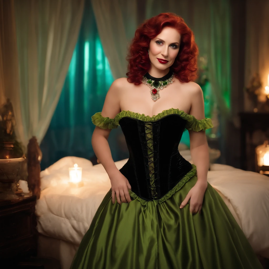 Caucasian woman around 30 years old, very feminine and attractive, sexy smile, large breast, ankle bracelet, diamond necklace and ear rings, pale skin with red wavy hair, surreal bright green iris, green iris, full body image, 2 legs, wearing a red and black frilly corset and a choker, candlelight in a 1600's luxury bedroom, ultra sharp focus, realistic shot