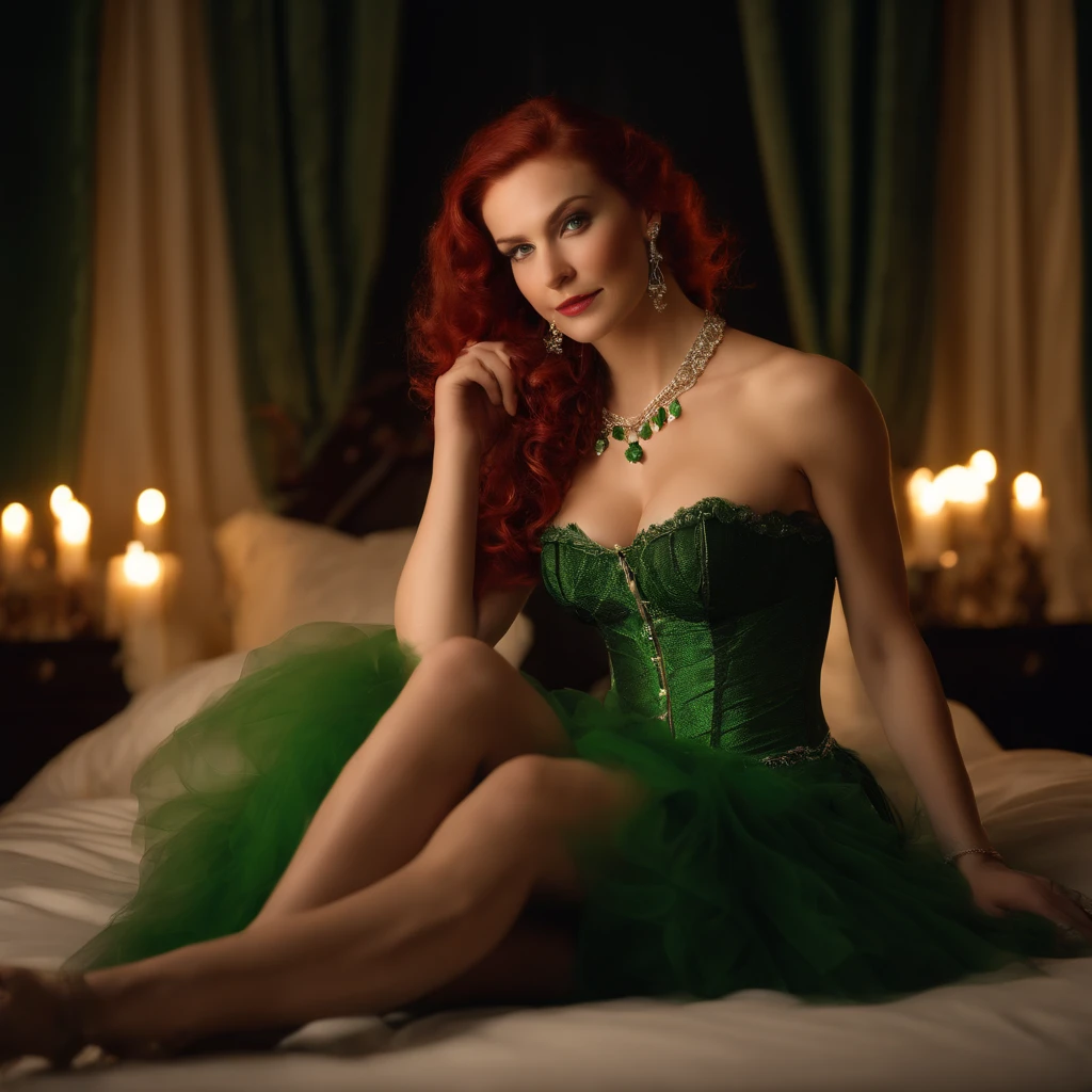 Caucasian woman around 30 years old, very feminine and attractive, sexy smile, large breast, ankle bracelet, diamond necklace and ear rings, pale skin with red wavy hair, surreal bright green iris, green iris, full body image, 2 legs, wearing a red and black frilly corset and a choker, candlelight in a 1600's luxury bedroom, ultra sharp focus, realistic shot