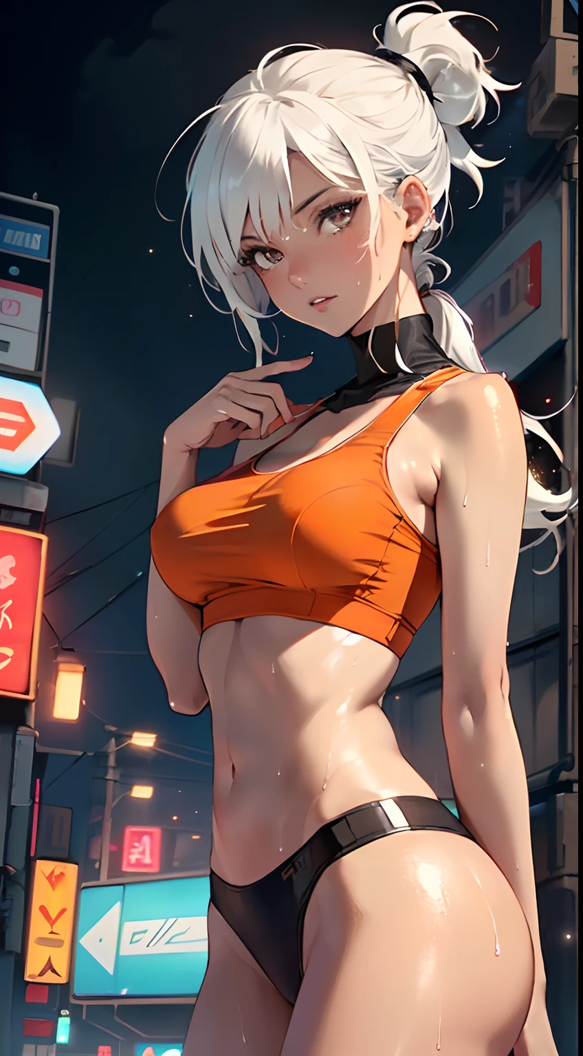 girl sporty,((attractive girl)),
(large breasts:1.4),saggy breasts,(((white hair:1.4,white ponytail hairstyle:1.5,very long hair:1.5))),((heterochromia:1.5, (orange_eye and pink_eye))),intricate eyes,beautiful detailed eyes,symmetrical eyes,((fat))(((lustrous skin:1.5,bright skin: 1.5,skin tanned,shiny skin,very shiny skin,shiny body,plastic glitter skin,exaggerated shiny skin,illuminated skin, wet legs))),(spider lower abdomen,narrow waist,wide hip,athletic body,inflated legs,detailed body,(detailed face)),
cute,slutty,seductive,erotic,(((nsfw))),
revealing clothing,show skin,with micro clothes,almost totally naked,with little clothing,(tiny thong),generous neckline,((tight sports bra, tight sports thong,orange and black clothes)),(((underboob))),((wet clothes,intricate outfit,intricate clothes)),
(dynamic pose:1.0),embarrassed,(centered,scale to fit dimensions,Rule of thirds),
cyberpunk city by the ocean at night, with bright neon signs and dark stormy clouds and puddles, scenery:1.25,
artistic photography,(photography taken by sldr),highres, sharp focus, (ultra detailed, extremely detailed), (photorealistic artwork:1.37),(extremely detailed CG unity 8k wallpaper),((synthwave background theme)),(((vibrant colors))),(intricate background),(masterpiece),(best quality),