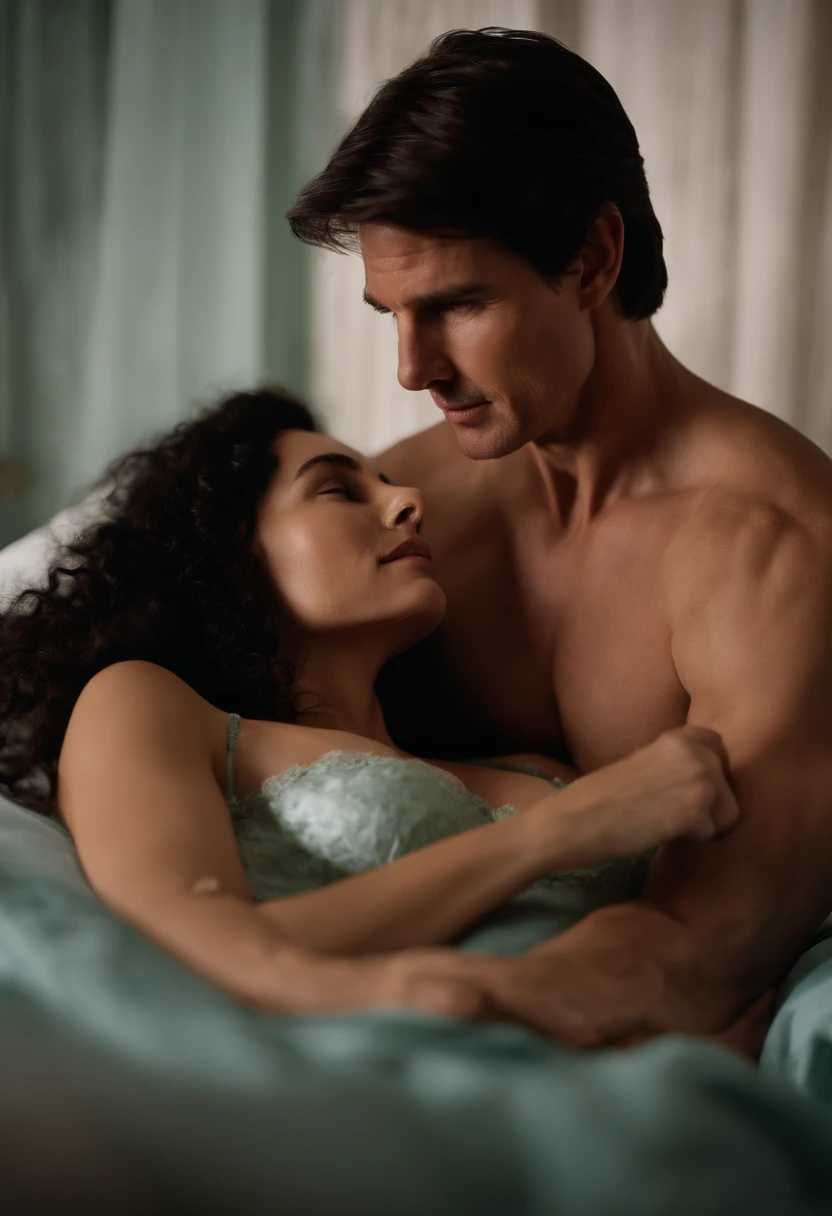 tom cruise as he looks in 2023 holding a woman in bed. the woman is about 20 years old very tanned skin with freckles, lacy baby blue lingerie, long black slightly curled hair, and emerald eyes