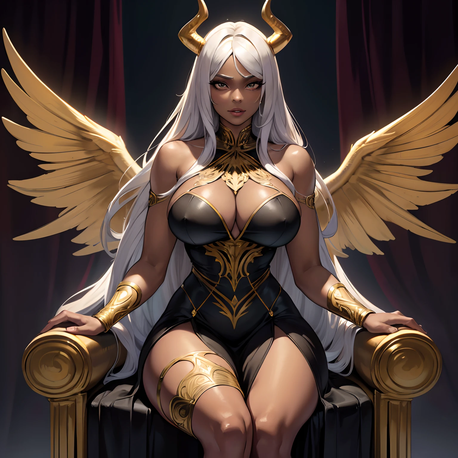 (best quality,4k,8k,highres,masterpiece:1.2), ultra-detailed, (realistic,photorealistic,photo-realistic:1.37), mature ebony-skinned female with long flowing silver hair, wearing a golden  gilded form-fitting skimpy golden dress, curvy, has large black demon wings, has demonic horns, alluring gaze, dark skin tone, ebony skin tone, golden dress, dress made of gold, alone, solo, (ALONE)(SOLO), sitting on throne