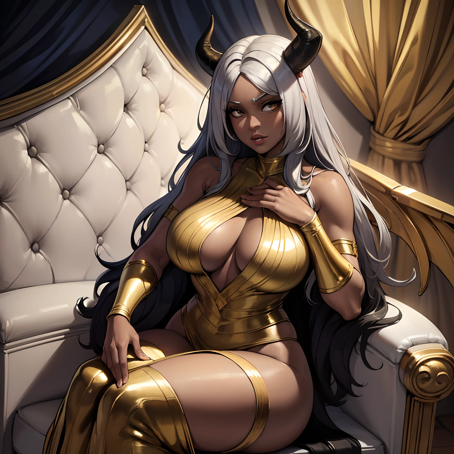 (best quality,4k,8k,highres,masterpiece:1.2), ultra-detailed, (realistic,photorealistic,photo-realistic:1.37), mature ebony-skinned female with long flowing silver hair, wearing a golden gilded form-fitting skimpy golden dress, curvy, has large black demon wings, has demonic horns, alluring gaze, dark skin tone, ebony skin tone, golden dress, dress made of gold, alone, solo, (ALONE)(SOLO), sitting on throne