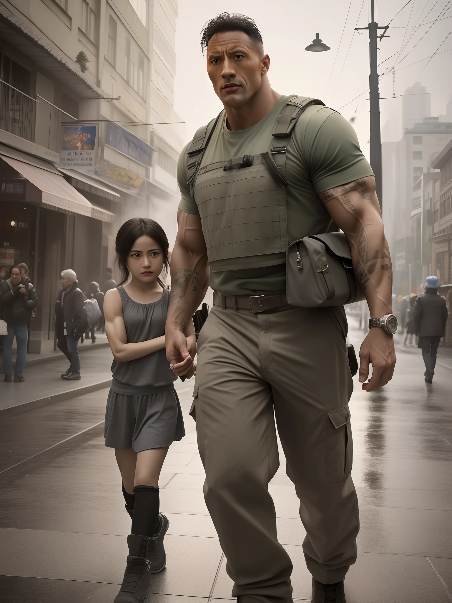 There's a man and a girl walking down the street, Arnold Maya render, Akira CGI Filme Stills, Arte conceitual como Ernest Khalimov, Dwayne Johnson como Hulk, Directed by: Artur Tarnowski, filme ainda 8K, Directed by: Aleksander Kotsis, 2014, 2 0 1 4, cinematic photograph concept art, Parque John, foto de retrato de pintura fosca