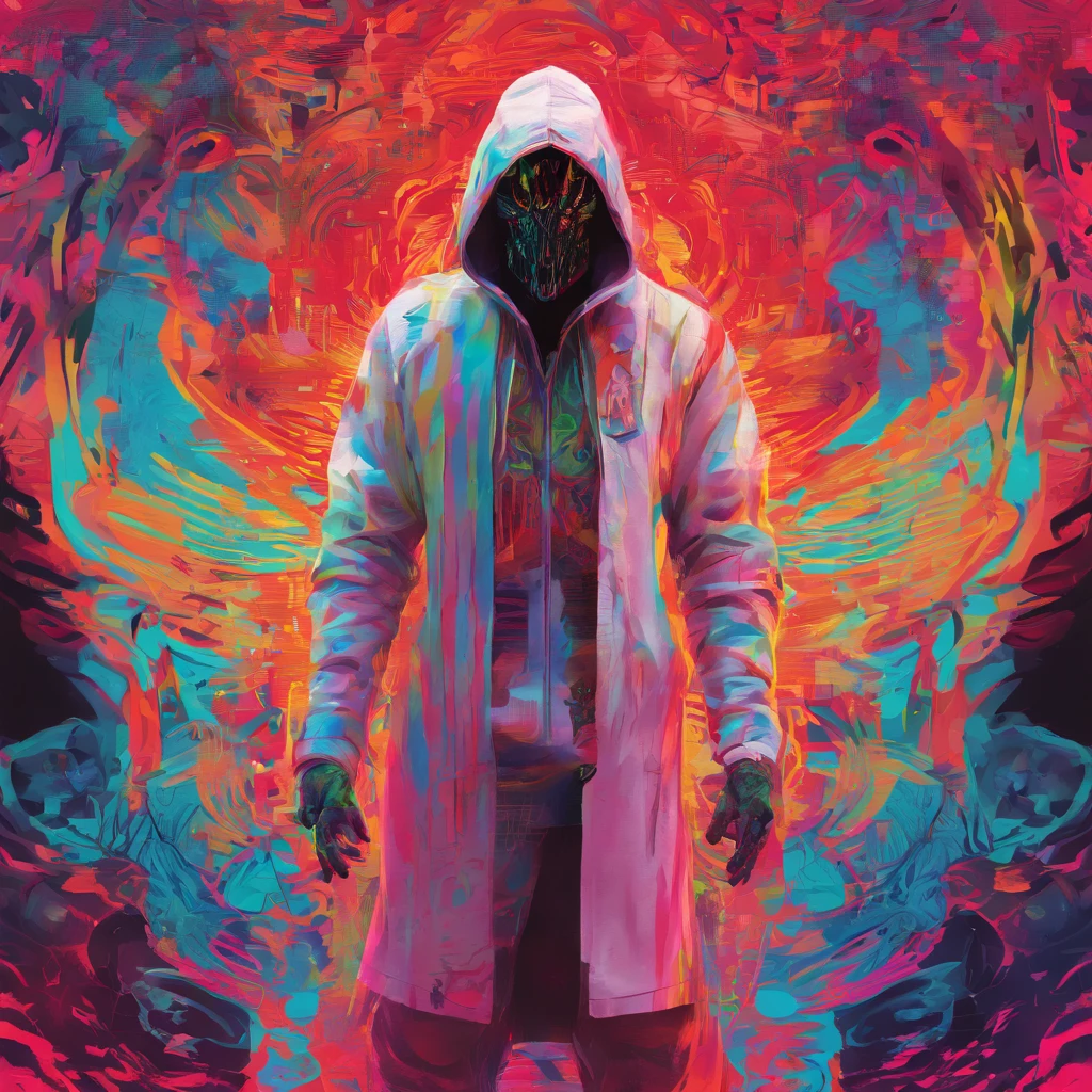 Concept art of a computer game character, blackandwhite, in two projections, An assassin man in a white hooded suit, evil look, evil smile, glowing red background, Simple black lines, blond hair, black eyes