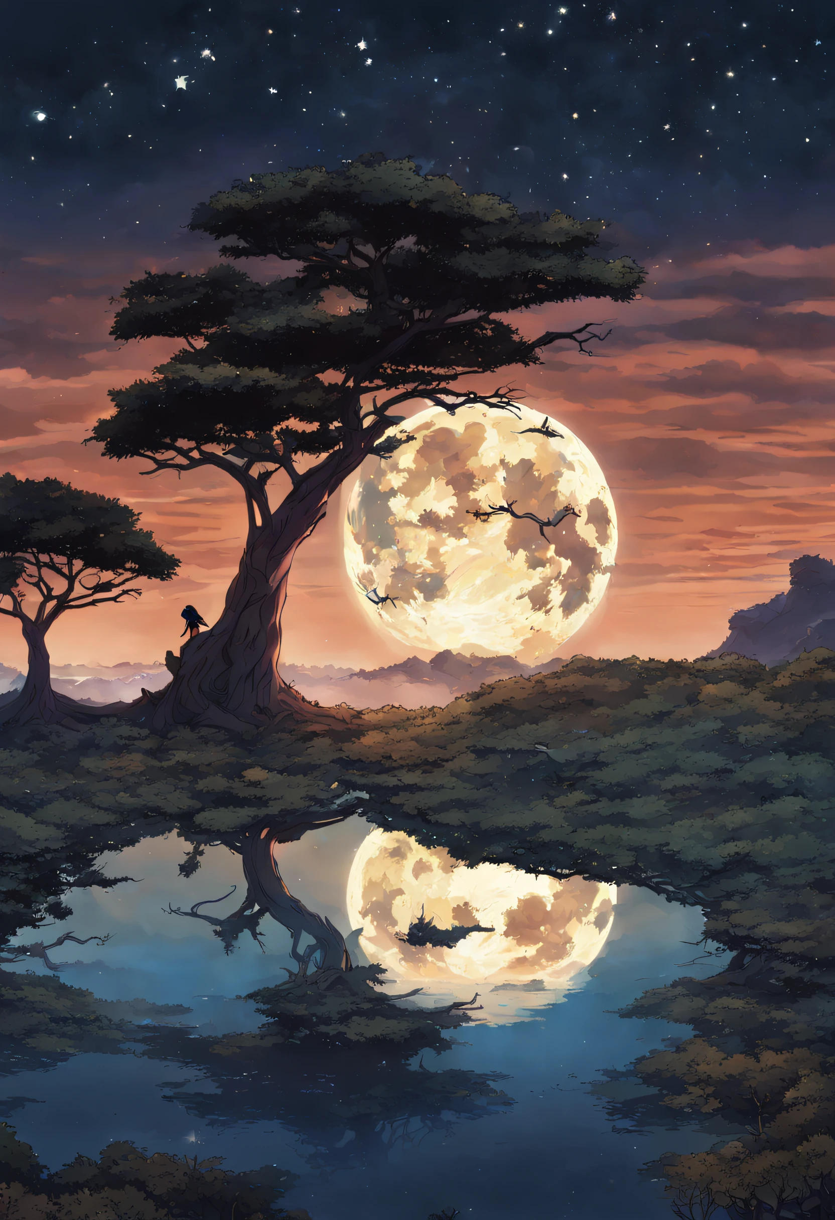 Under the vast starry sky, uma paisagem deslumbrante, onde as montanhas se erguiam majestosamente. A pile of stones testified to their alliance, While the moon shone like a silent accomplice. They shared a meal by the stars, celebrando sua promessa feita diante da imponente natureza. Nesse lugar especial, called Galeed and Mizpah, juraram lealdade eterna sob o olhar atento do Deus de seus antepassados, e a noite se desvaneceu, Marking a New Beginning. imagem estilo anime