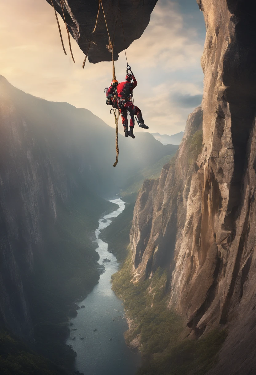 A group of skilled climbers, including Chinese individuals, practicing rope rescue techniques on a mountain, challenge their limits by engaging in extreme sports like rock climbing. The climbers demonstrate their bravery and tenacity as they ascend the peaks, relying on their ropes for support and safety. The scene captures the incredible view from the mountaintop, highlighting the breathtaking height and the challenging terrain. The prompt showcases the emergency response team and their efforts to rescue those in need, employing cutting-edge rope rescue techniques. The entire scene is captured in ultra-high-definition (4k, 8k), ensuring the utmost detail and realism. The lighting in the scene is meticulously set up in a studio-like environment, enhancing the visual impact. The prompt emphasizes the International Rope Techniques Association's involvement, highlighting the innovative and bold exploration of rescue techniques in an urban setting.