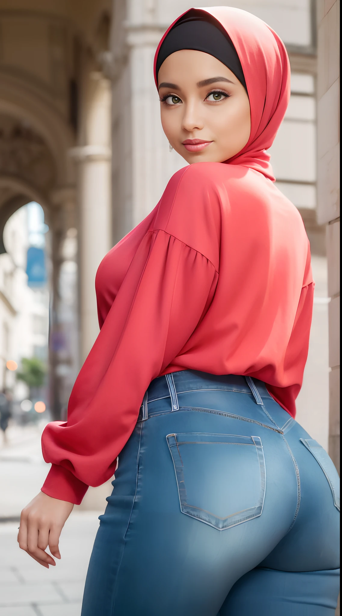 (Masterpiece, Best quality), Perfect Ass Beauty, Detailed long-sleeved blouse, Wearing the hijab on the head, pantalon jeans moulant un cul parfait visage parfait, beau visage, Attirant, De grands yeux magnifiques, ouvrir bouche, contenu, Corps slim fit parfait, (outdoor), Rues de la ville, New York, couleurs vives, lui tourna le dos pour montrer ses fesses, se penche en avant, Turn your head towards the camera, regard coquin, cul parfait, montre son cul, (Masterpiece, Best quality), beautiful woman, Detailed long-sleeved blouse, Wearing the hijab on the head, pantalon jeans moulant un cul parfait visage parfait, beau visage, Attirant, De grands yeux magnifiques, ouvrir bouche, contenu, Corps slim fit parfait, (outdoor), Rues de la ville, New York, couleurs vives, lui tourna le dos pour montrer ses fesses, se penche en avant, Turn your head towards the camera, regard coquin, cul parfait