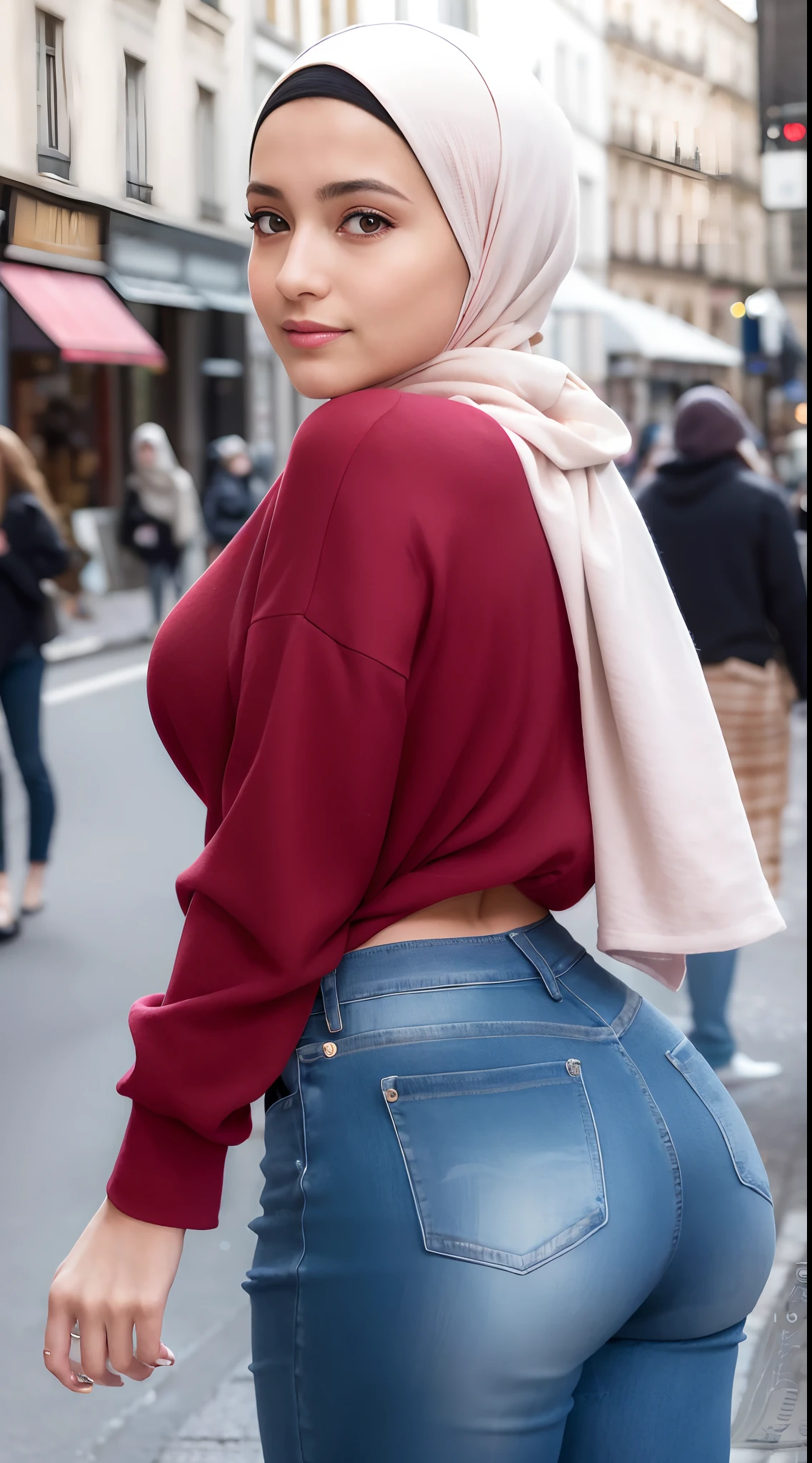 (Masterpiece, Best quality), Perfect Ass Beauty, Detailed long-sleeved blouse, Wearing the hijab on the head, pantalon jeans moulant un cul parfait visage parfait, beau visage, Attirant, De grands yeux magnifiques, ouvrir bouche, contenu, Corps slim fit parfait, (outdoor), Rues de la ville, New York, couleurs vives, lui tourna le dos pour montrer ses fesses, se penche en avant, Turn your head towards the camera, regard coquin, cul parfait, montre son cul, (Masterpiece, Best quality), beautiful woman, Detailed long-sleeved blouse, Wearing the hijab on the head, pantalon jeans moulant un cul parfait visage parfait, beau visage, Attirant, De grands yeux magnifiques, ouvrir bouche, contenu, Corps slim fit parfait, (outdoor), Rues de la ville, New York, couleurs vives, lui tourna le dos pour montrer ses fesses, se penche en avant, Turn your head towards the camera, regard coquin, cul parfait