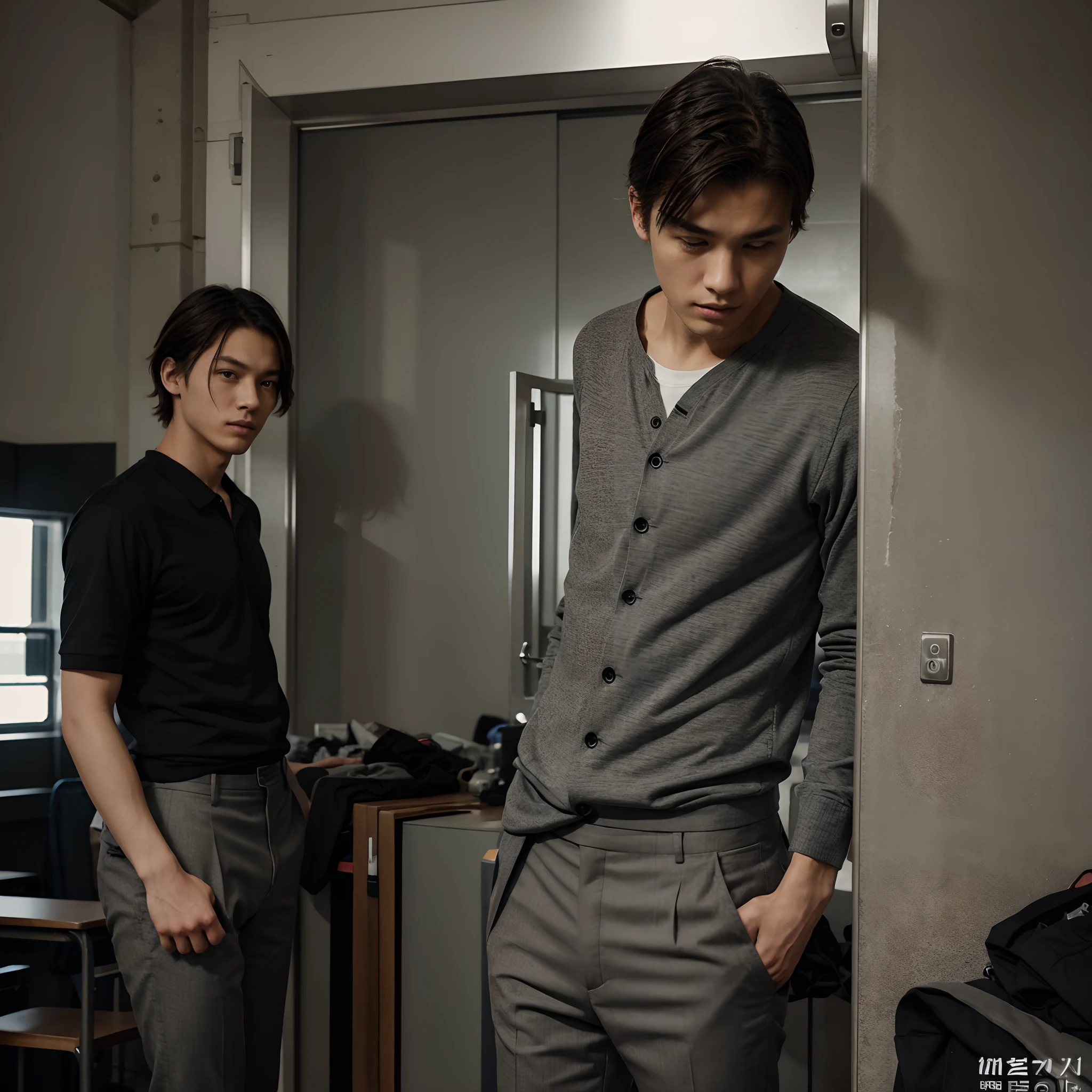 Gray suit、Strange thieves、High school students、167cm、Type B、gentleman、Slim Fit Pants、cinematic shot、finely detailed background、1 male
