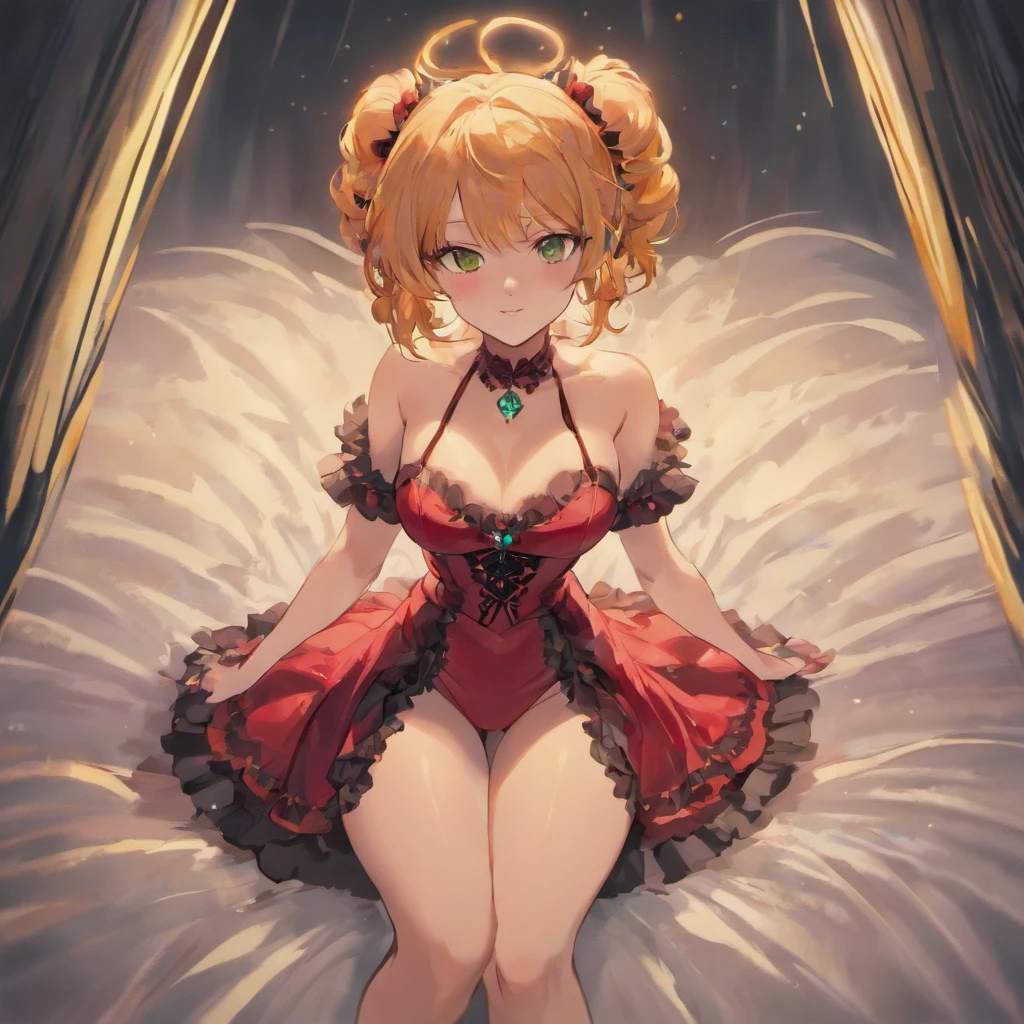 Caucasian woman around 30 years old, very feminine and attractive, sexy smile, large breast, ankle bracelet, diamond necklace and ear rings, pale skin with red wavy hair, surreal bright green iris, green iris, full body image, 2 legs, wearing a red and black frilly corset and a choker, candlelight in a 1600's luxury bedroom, ultra sharp focus, realistic shot