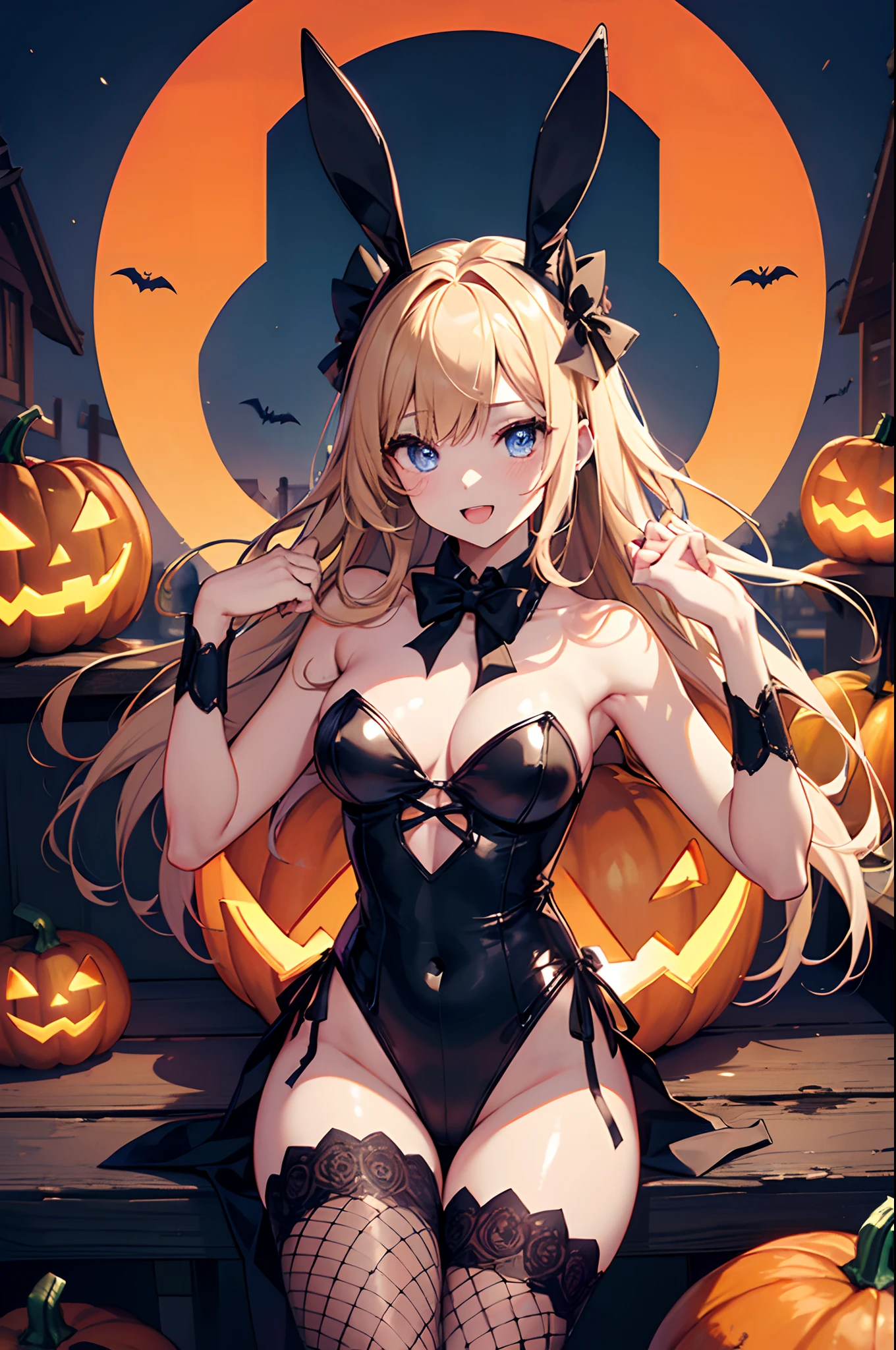 (Official art、Best Quality、Unity 8k Wallpapers、32K、masterpiece、ultra-detailliert、超A high resolution、realisitic、Photorealsitic:1.2)、(Cinematic lighting:1.2)、Fireglow effect、film grains、Best Shadows、(Ultra-detailed and complex 3D rendering)、Detailed beautiful face and eyes、A slender、Medium bust、(Full body:1.2)、side lights、 Highly detailed background、(super detailed skin、detailed skin textures:1.3)、(Close-up of a group of carved pumpkins in the park, jack-o-lanterns, Pumpkin glowing under the tree, Halloween atmosphere, Halloween Scene, jack - o'- lantern, pumpkins, Evil spirits walk around with lanterns, halloween celebration, Halloween, Spooky and scary atmosphere, halloween theme, Halloween Decorations, halloween night, shutterstock, trick or treat, edited)、shinny skin, 20-year-old beauty、Beautiful wavy platinum blonde hair、 Blue eyes、beauitful face、Playboy Bunny Girl、High-cut leotards、a bow tie、Cuffs、Wearing fishnet stockings、Black rabbit ears、With a rabbit tail in the ass、Smile with open mouth、Holding a haunted pumpkin in both hands