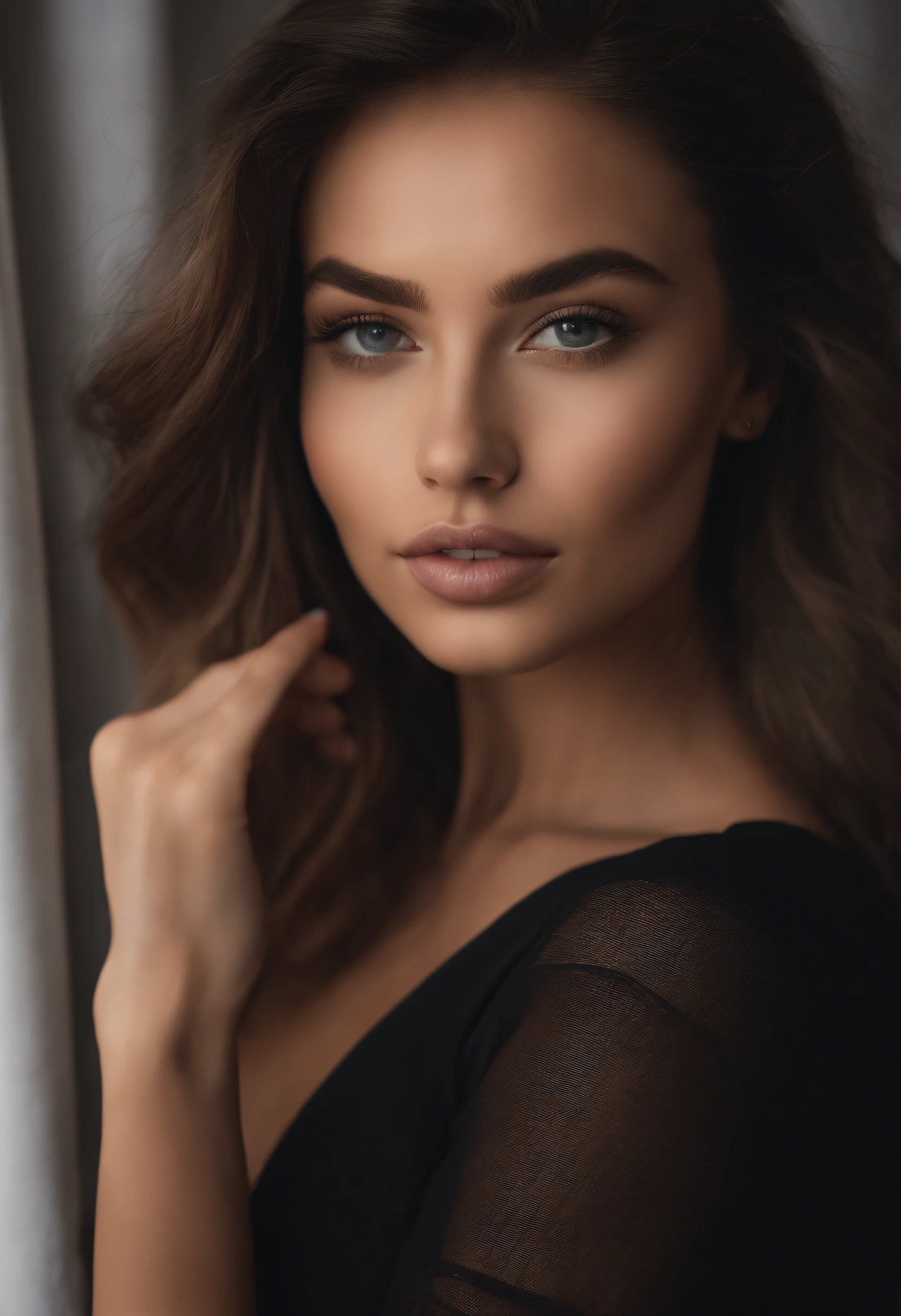 Arafed woman with black clothes, fille sexy aux yeux bruns hispanique, Portrait Sophie Mudd, cheveux bruns et grands yeux, selfie of a young woman, Yeux de chambre, Violet Myers, sans maquillage, maquillage naturel, looking straight at camera, Visage avec Artgram, Maquillage subtil, Superbe photo du corps entier, dans la chambre, clivage