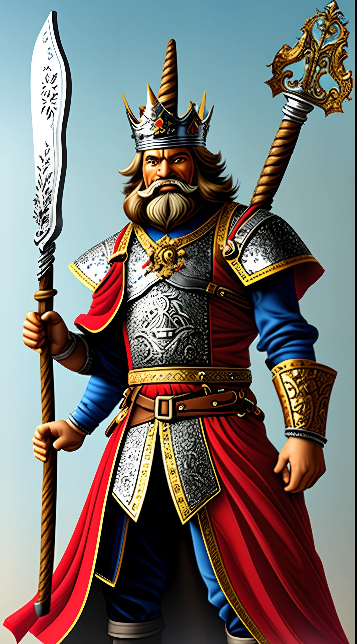 The King of Wootopia was large, round, but broad man. He had white skin, and little hair, besides his beard, which is Burnett. He wore fine clothing of red, black, and silver. He once was a warrior, so he wears a chest-plate with a unicorn on it. He carries a large golden battle axe. He wears a silver Crown with rubies.