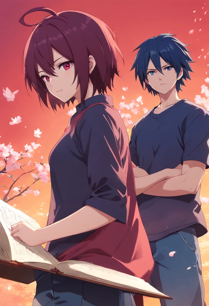 Sasuke uchiha, Sakura haruno, ANIME NARUTO, Sakura and Sasuke are teachers at a school, are studying, Sasuke usa (a black dress shirt and jeans), Sasuke cabelo preto e curto, tatuado, bad boy, Sakura lendo um livro, ((testa a mostra)), atraente, usando uma ((blusa vermelha)), sorrindo, cabelo rosa, delicada, adulta, cabelo curto, rosto detalhado