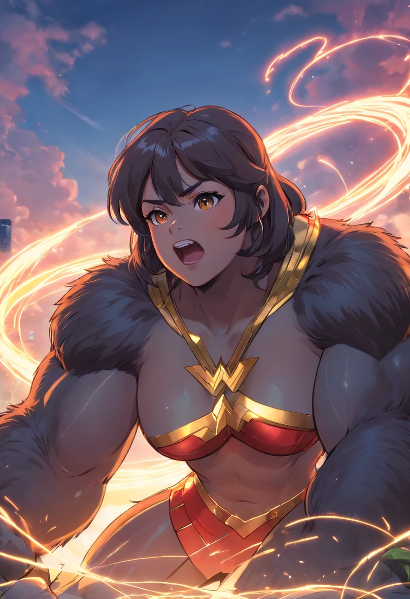 Gorilla musculoso besando a wonder woman culturista, 8k
