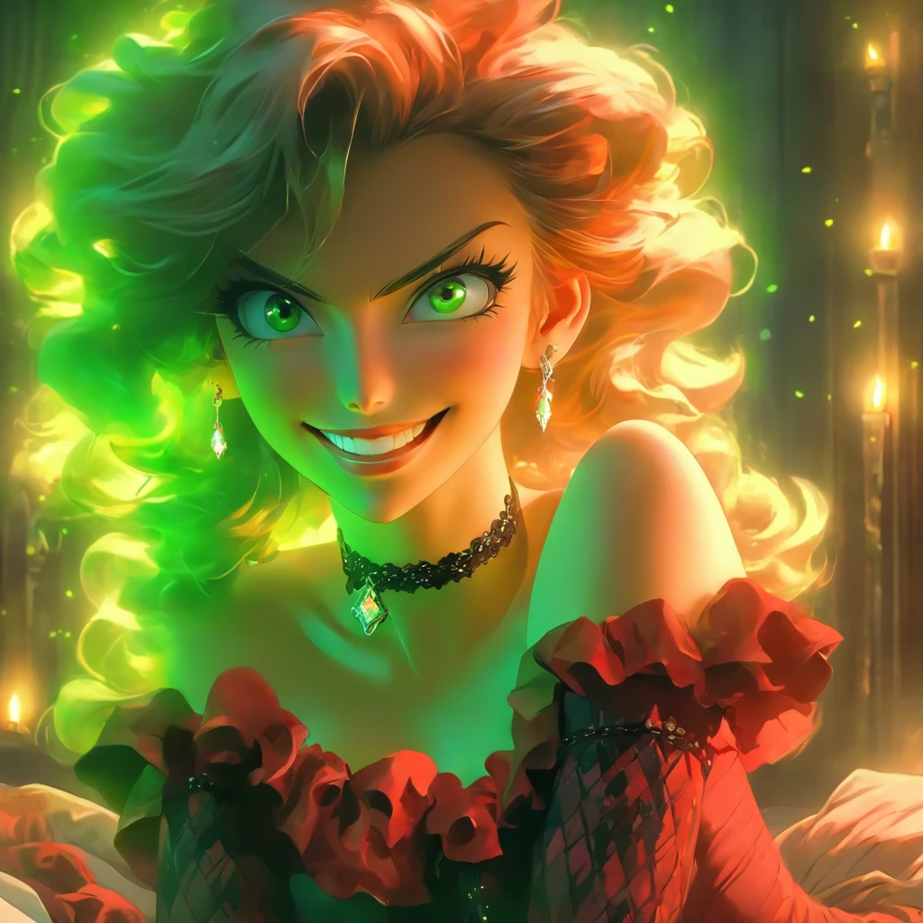 Caucasian woman around 30 years old, very feminine and attractive, sexy smile, large breast, ankle bracelet, diamond necklace and ear rings, pale skin with red wavy hair, surreal bright green iris, green iris, full body image, 2 legs, wearing a red and black frilly corset and a choker, candlelight in a 1600's luxury bedroom, ultra sharp focus, realistic shot