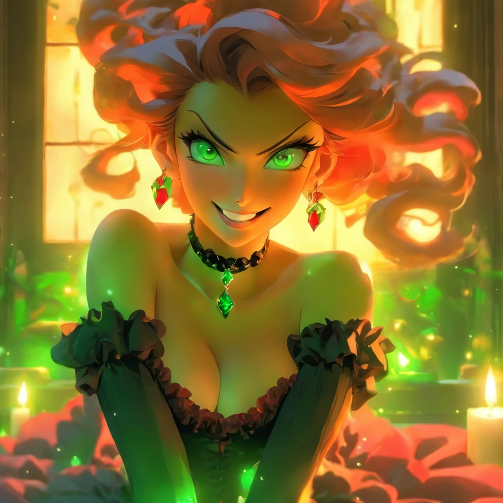 Caucasian woman around 30 years old, very feminine and attractive, sexy smile, large breast, ankle bracelet, diamond necklace and ear rings, pale skin with red wavy hair, surreal bright green iris, green iris, full body image, 2 legs, wearing a red and black frilly corset and a choker, candlelight in a 1600's luxury bedroom, ultra sharp focus, realistic shot