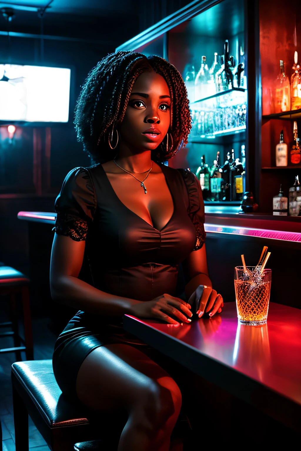 Black woman sitting with glass in hand in a horror movie style bar