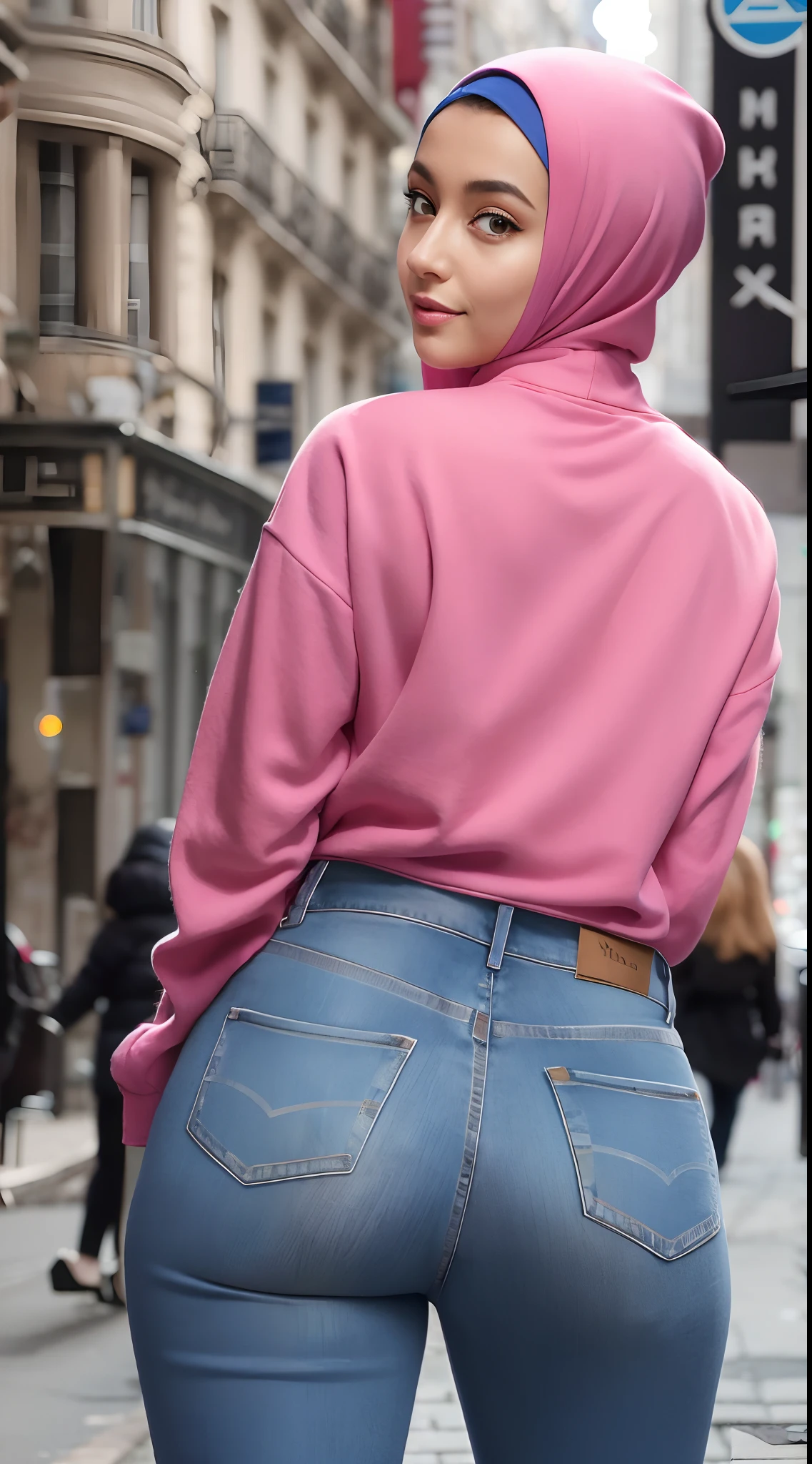 (Masterpiece, Best quality), Perfect Ass Beauty, Detailed long-sleeved blouse, Wearing the hijab on the head, pantalon jeans moulant un cul parfait visage parfait, beau visage, Attirant, De grands yeux magnifiques, ouvrir bouche, contenu, Corps slim fit parfait, (outdoor), Rues de la ville, New York, couleurs vives, lui tourna le dos pour montrer ses fesses, se penche en avant, Turn your head towards the camera, regard coquin, cul parfait, montre son cul, (Masterpiece, Best quality), beautiful woman, Detailed long-sleeved blouse, Wearing the hijab on the head, pantalon jeans moulant un cul parfait visage parfait, beau visage, Attirant, De grands yeux magnifiques, ouvrir bouche, contenu, Corps slim fit parfait, (outdoor), Rues de la ville, New York, couleurs vives, lui tourna le dos pour montrer ses fesses, se penche en avant, Turn your head towards the camera, regard coquin, cul parfait
