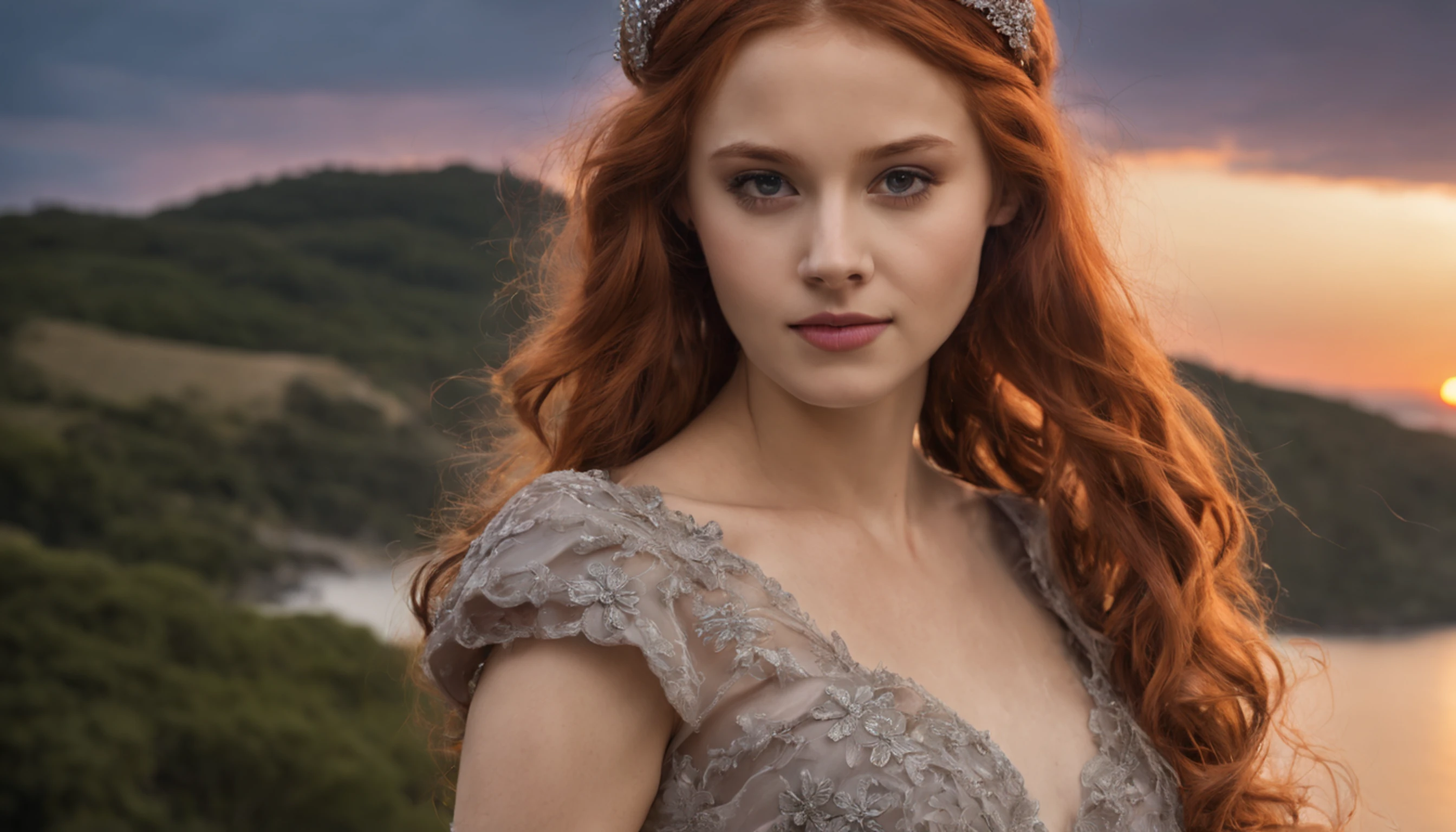 Longas_pigtail_penteado, Longas (red hair:1.2), redhead, (full view:1.3) de uma jovem princesa incrivelmente bonita, (pale skin:1.3), Sorriso leve, sentado em uma almofada de grosso (musgo difuso:1.2) sob um antigo (gnawed oak:1.2) with a lush treetop, vestindo um (tiara cravejada de diamantes de luxo:1.1), e um (luxuoso (preto:1.2) vestido de renda:1.3), (Sunset, twilights, dramatic lighting:1.5), grande sol vermelho, (Raios crepusculares:1.1), (fotorrealista, master part, melhor qualidade, 8k, Ultra Highres, absurdos, Altas:1.1), Bokeh, Textura detalhada da pele, Fotografia Hasselblad, ao ar livre