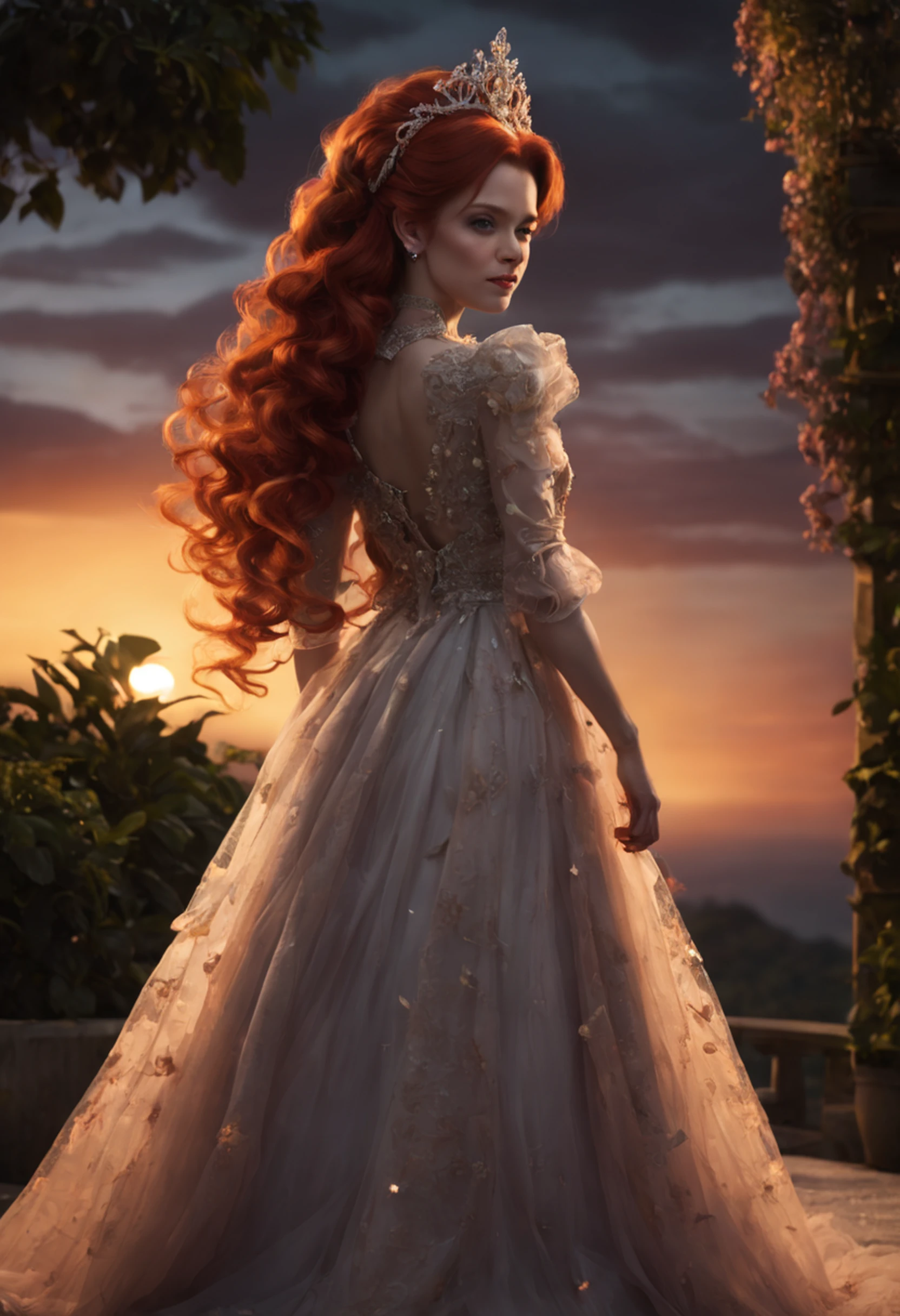 Longas_pigtail_penteado, Longas (red hair:1.2), redhead, (full view:1.3) de uma jovem princesa incrivelmente bonita, (pale skin:1.3), Sorriso leve, sentado em uma almofada de grosso (musgo difuso:1.2) sob um antigo (gnawed oak:1.2) with a lush treetop, vestindo um (tiara cravejada de diamantes de luxo:1.1), e um (luxuoso (preto:1.2) vestido de renda:1.3), (Sunset, twilights, dramatic lighting:1.5), grande sol vermelho, (Raios crepusculares:1.1), (fotorrealista, master part, melhor qualidade, 8k, Ultra Highres, absurdos, Altas:1.1), Bokeh, Textura detalhada da pele, Fotografia Hasselblad, ao ar livre