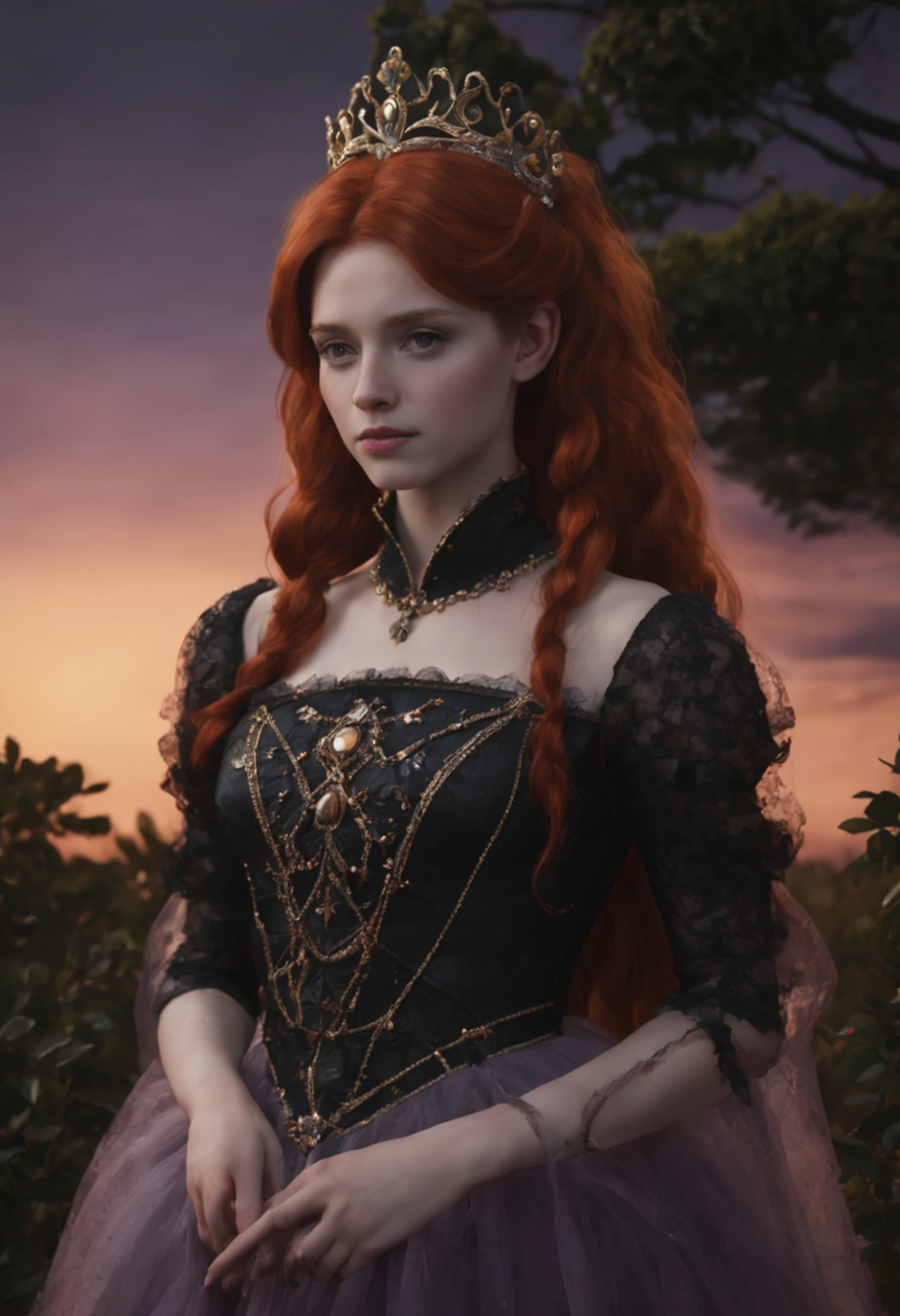 Longas_pigtail_penteado, Longas (red hair:1.2), redhead, (full view:1.3) de uma jovem princesa incrivelmente bonita, (pale skin:1.3), Sorriso leve, sentado em uma almofada de grosso (musgo difuso:1.2) sob um antigo (gnawed oak:1.2) with a lush treetop, vestindo um (tiara cravejada de diamantes de luxo:1.1), e um (luxuoso (preto:1.2) vestido de renda:1.3), (Sunset, twilights, dramatic lighting:1.5), grande sol vermelho, (Raios crepusculares:1.1), (fotorrealista, master part, melhor qualidade, 8k, Ultra Highres, absurdos, Altas:1.1), Bokeh, Textura detalhada da pele, Fotografia Hasselblad, ao ar livre