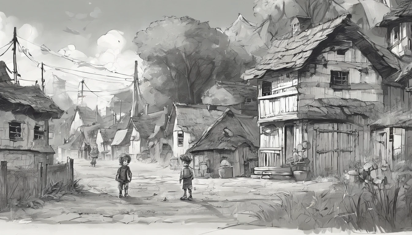 In a small village, a little boy was born. He had pale skin, and big eyes. He looked peculiar unlike any other child. Children's book style. Sketchy monochromatic