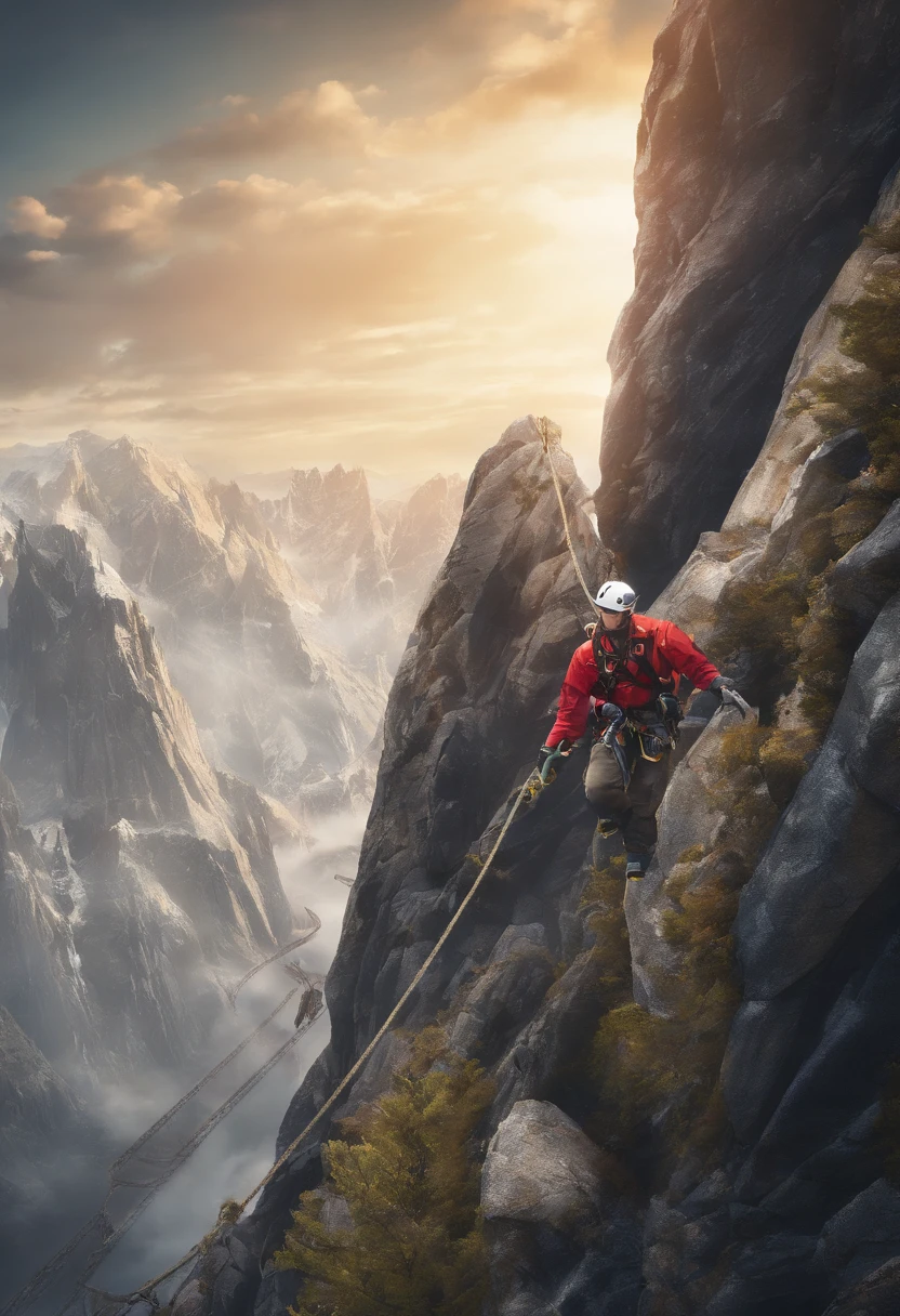 Highlight innovation and bold exploration of rescue technology in urban environments, A group of skilled climbers, Including Chinese individuals, Practice rope rescue techniques in the mountains, Challenge your limits by participating in extreme sports like rock climbing. Climbers show their bravery and tenacity as they climb the peaks, Rely on ropes for support and safety. The scene captures incredible views from the top of the mountain, Highlight breathtaking heights and challenging terrain. This tip shows the emergency response team and its efforts to rescue people in need, Cutting-edge rope rescue technology. The entire scene was shot in Ultra HD (4K, 8K), to ensure maximum detail and realism. The lighting in the scene is carefully set in a studio-like environment, Enhance visual impact. The tip highlights the involvement of the International Association of Rope Technology.