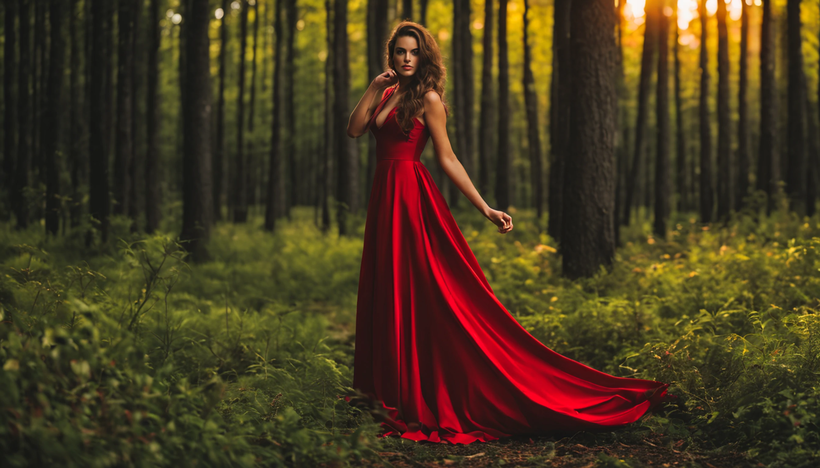 Modelo Lyriel senhora sexy , uma menina (( sozinho )) com cabelo liso vermelho , com um rosto e corpo como Gemma Hiles, vestido com um vestido preto apertado princesa , It is in full growth against the background of the forest , Your shoes are visible , Luz frontal.