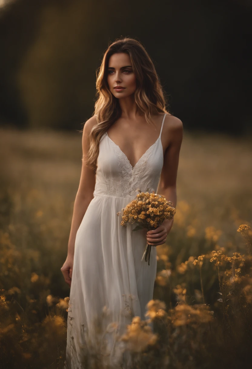 (beste-Qualit)),((шедевр)),((Realstic)),(detailded), Ana de Armas, adulte, sexy, rugueux, brawny, Flirt, (looking into camera), Robe de soleil, Fleurs sauvages du champ,