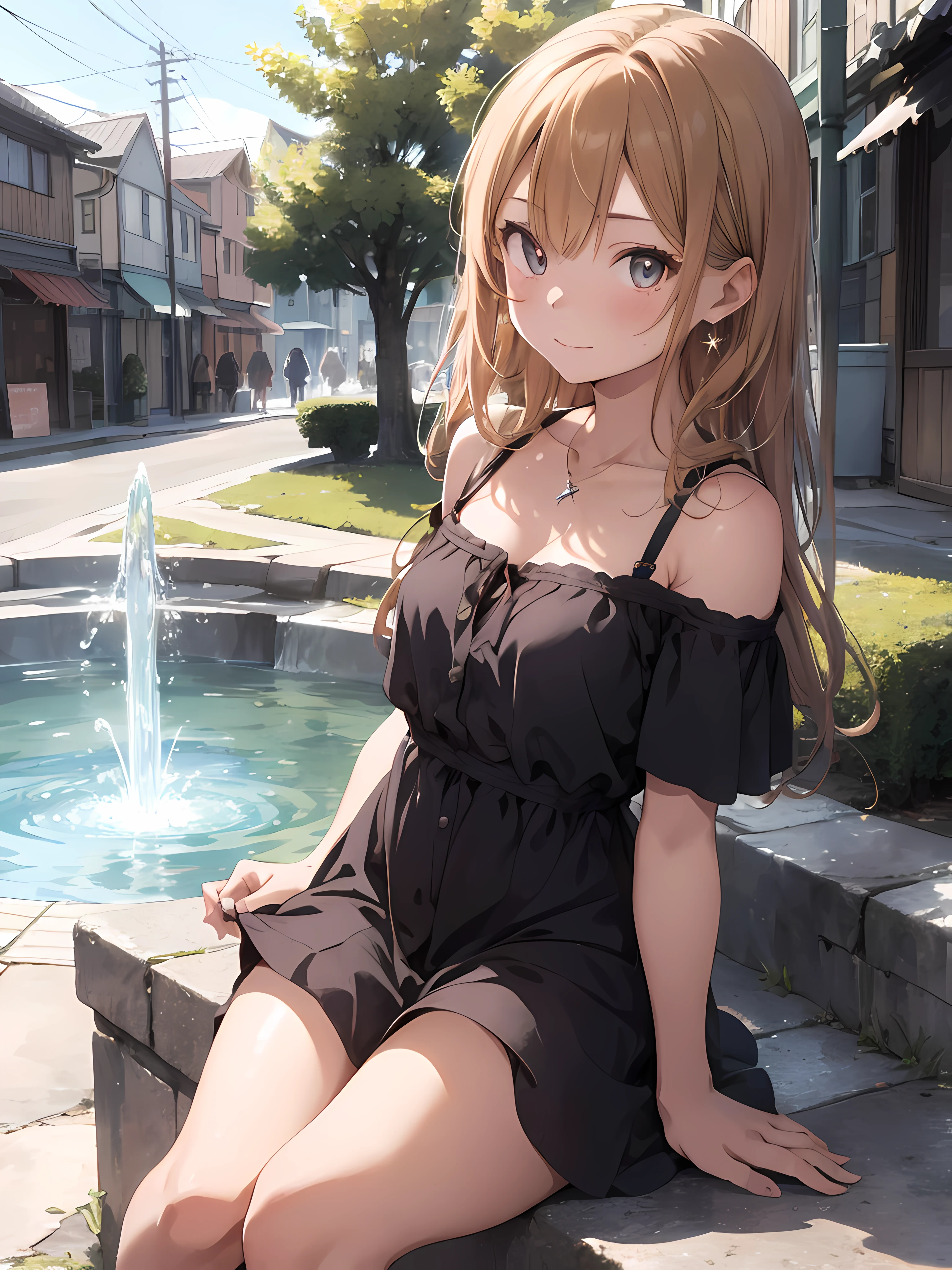 image of 1 girl, Sitting by a fountain, -yeld wia blend of adorable and sultry vibes. Her athletic frame, soft skin, Blonde mid-back length hair with shades of red and light brown highlights. Her captivating Sapphire eyes, wearing a sundress. She completes her look with a shimmering diamond stud earrings, small Japanese town/ city background, high res, ultrasharp, 8K, masterpiece, looking at camera, off-shoulder dress, necklace