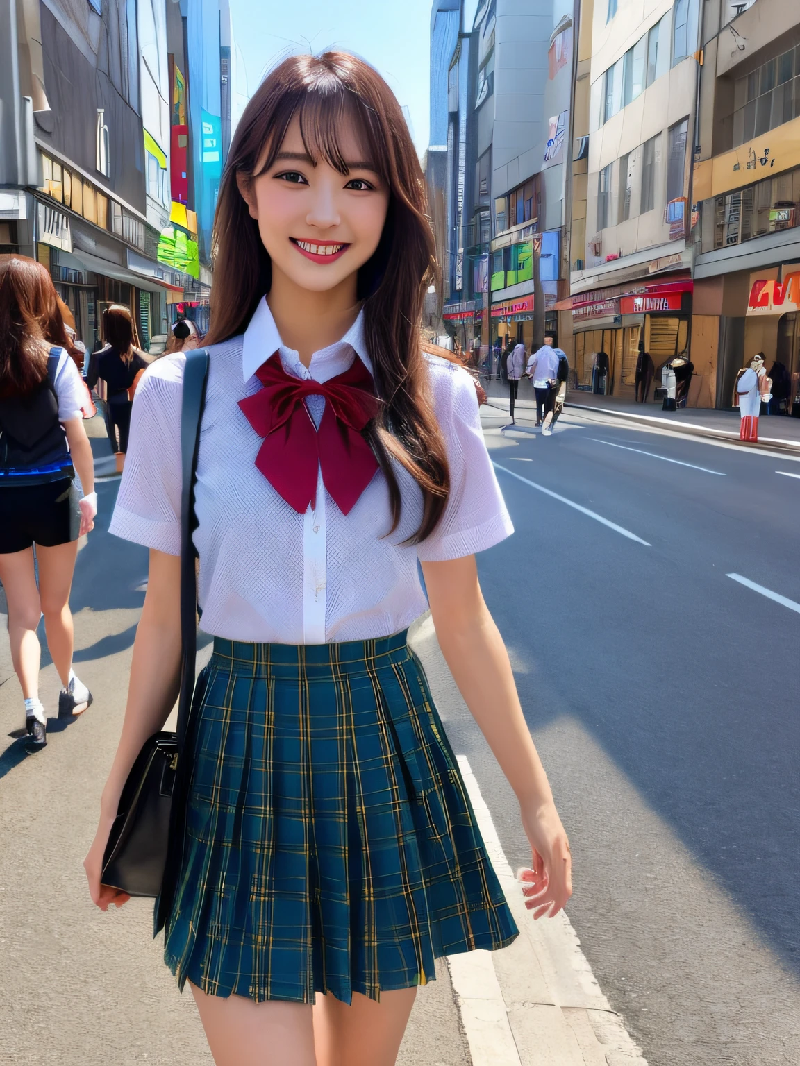 masterpiece, upper body shot, a Japanese young pretty woman, glamorous figure, wearing a short sleeves white collared shirt with shiny red satin plain bow tie, a blue tartan plaid skirt, short length white socks, leather black shoes, carrying a big tort bag, absolutely pretty face, double eyelids in both eyes, Natural makeup, long eyelashes, shiny smooth light brown hair of medium length, asymmetrical bangs, tanned skin, Looking at the camera, walking alone with big smile on the scrambled crossing in a big city, head frame, central image, Front View, 8K resolution, high detail, detailed hairstyle, Detailed Face, Black Eyes, spectacular cinematic lighting, octane rendering, vibrant, hyper realistic, perfect limbs, perfect anatomy