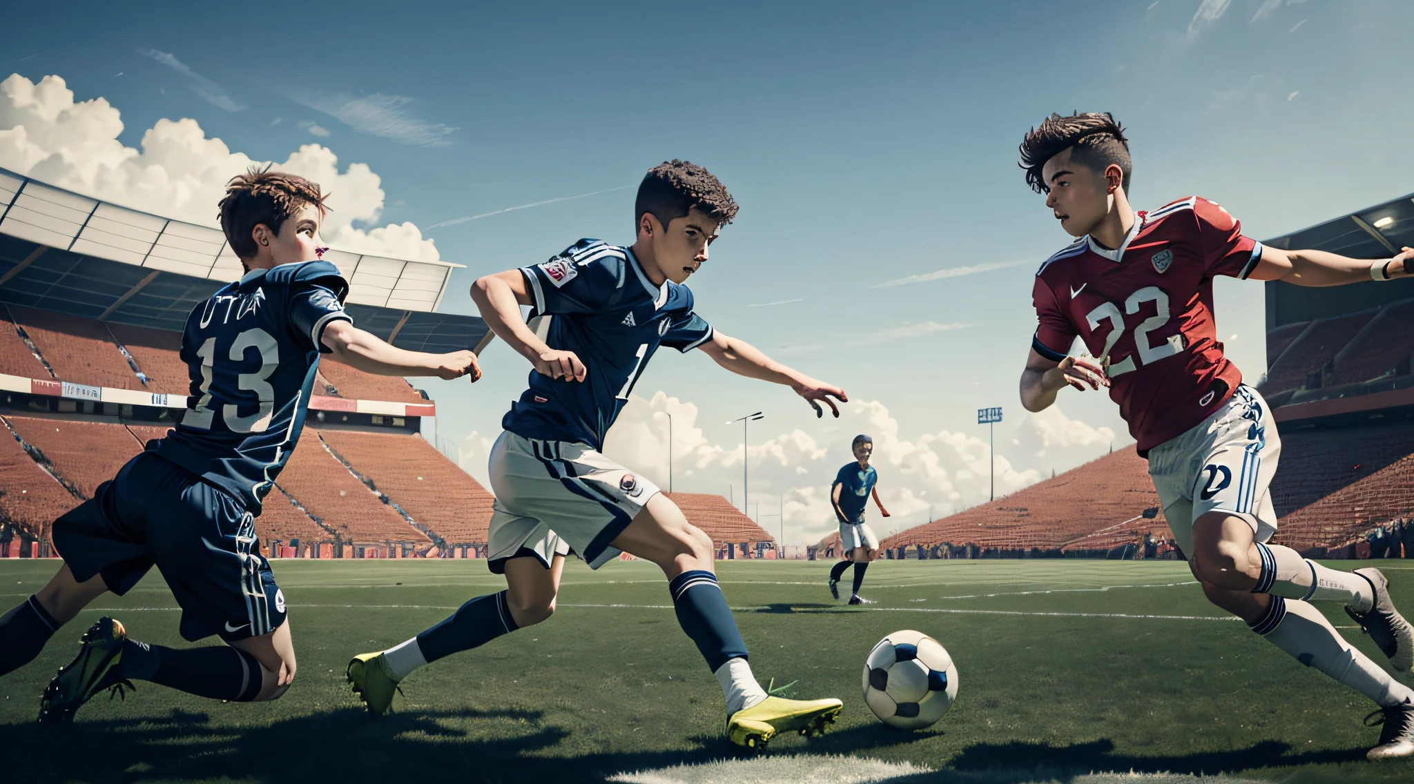 TWO BOYS PLAYING FOOTBALL.((masterpiece)), ((best quality))), ((ultra-detailed)), UHD, 8K, ((high resolution))), ((illustration)), ((realistic)),