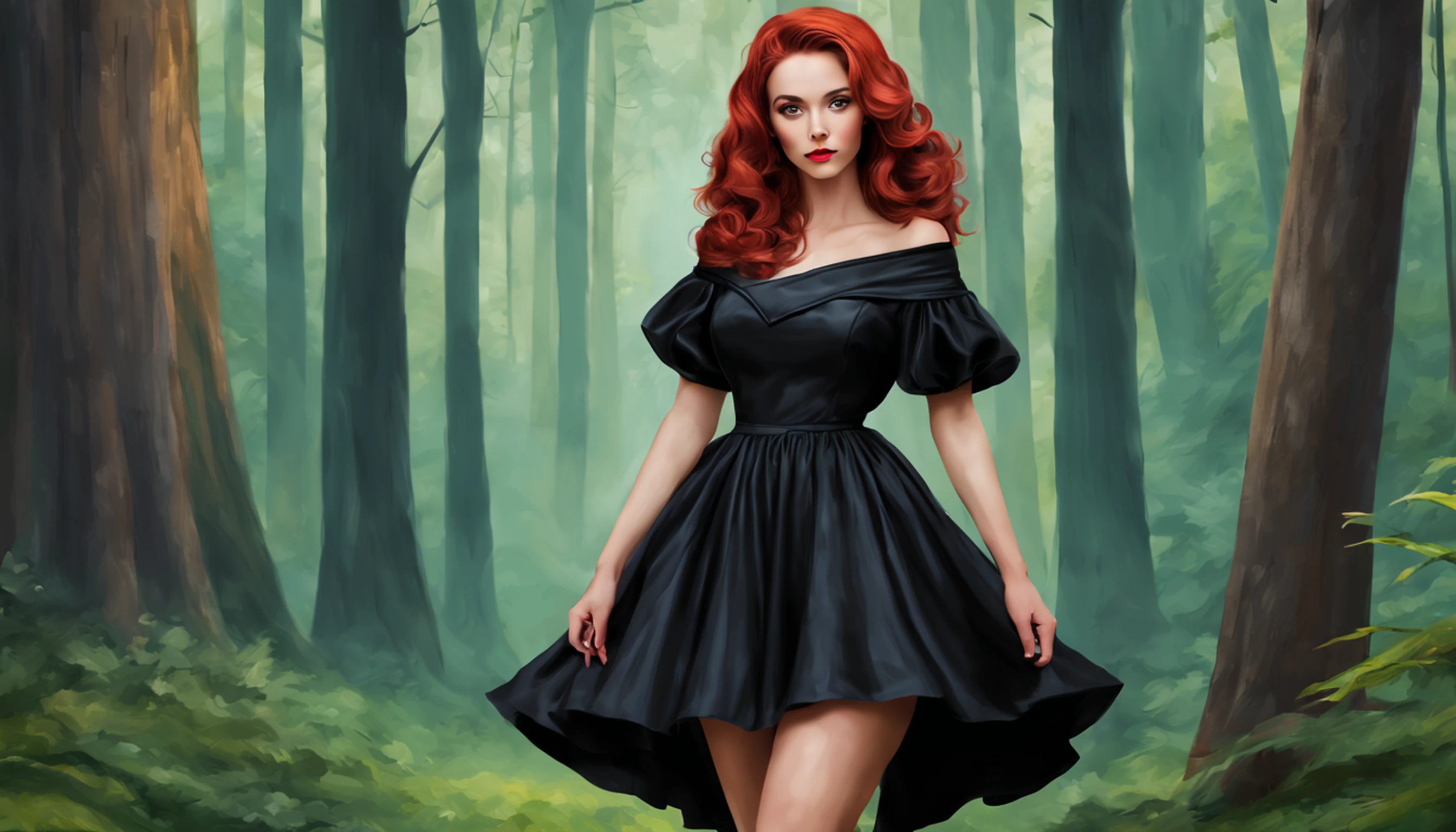 Modelo Lyriel senhora sexy , uma (( sozinho )) com cabelo liso vermelho , com um rosto e corpo como Gemma Hiles, vestido com um vestido preto apertado princesa , It is in full growth against the background of the forest , Your shoes are visible , Luz frontal.