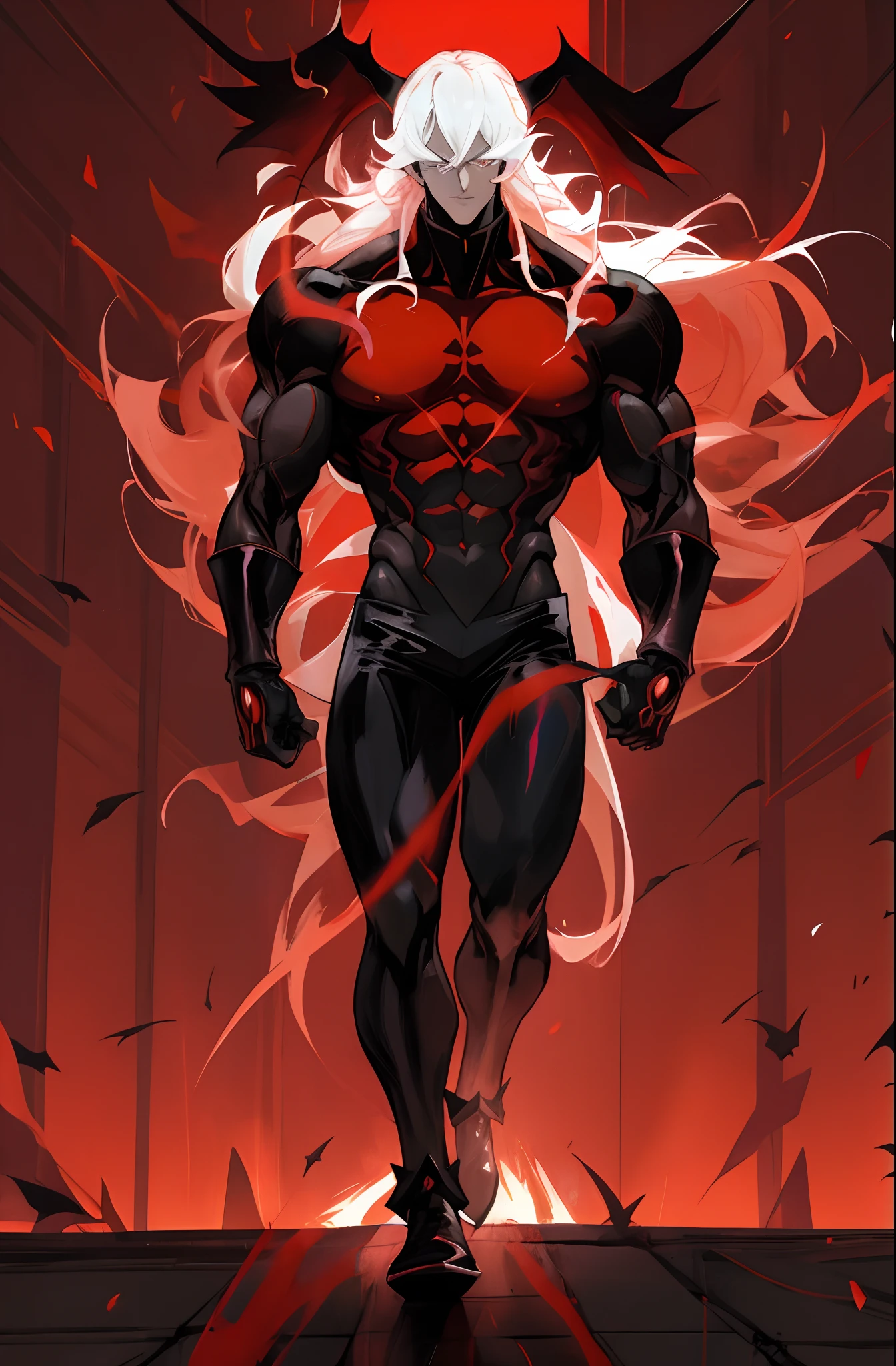 Personagem de anime com roupa vermelha e preta andando por uma rua, Devilman selvagem de corpo inteiro, simetria!! Retrato de Akuma, Commission for High Res, lobisomem musculoso, badass anime 8 k, muscular male hero, muscular character, conceito detalhado de corpo inteiro, conceito de corpo inteiro, super buff e cool, Genzoman, epic comic book style, Conceito de anime HDR Anime MacManus