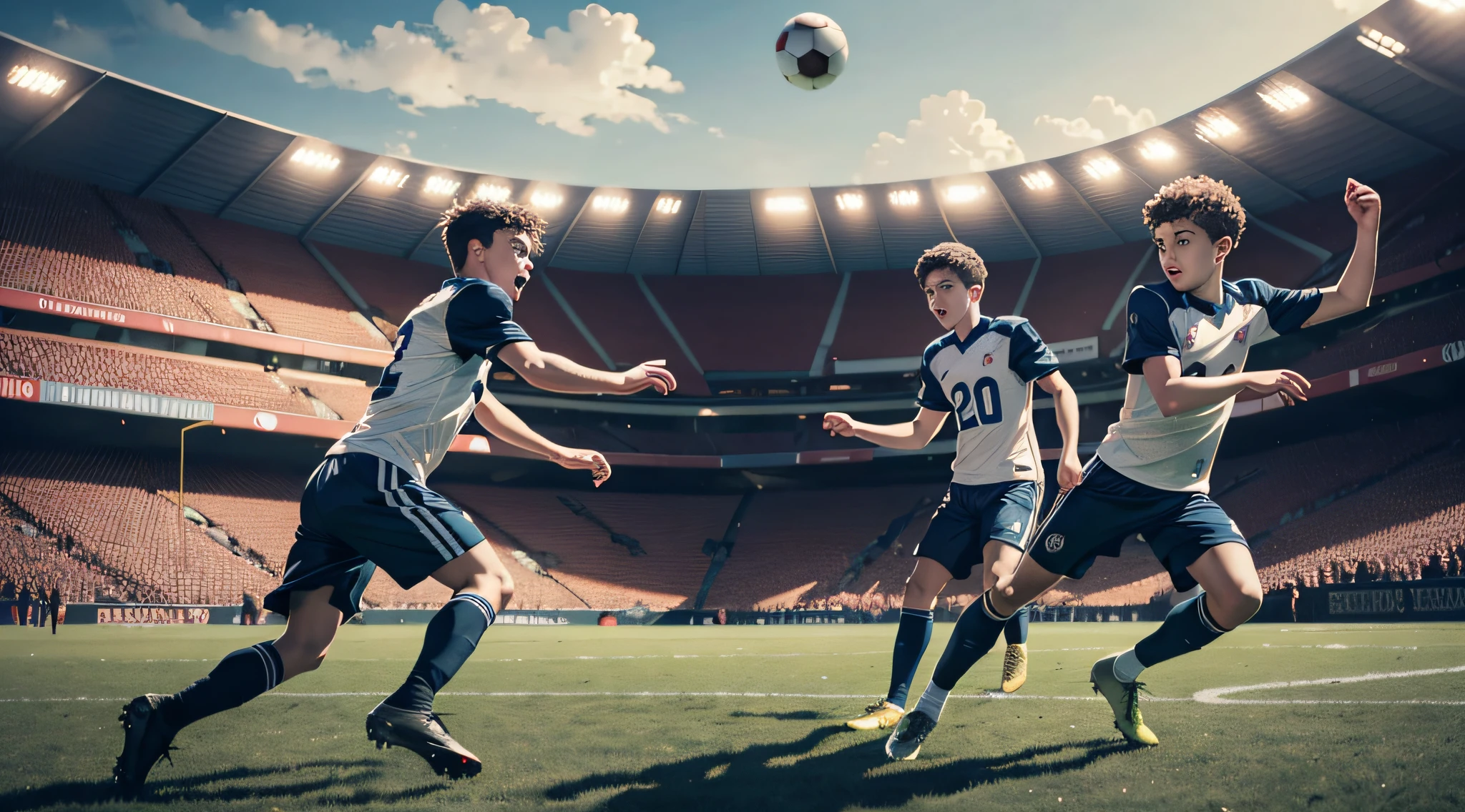 TWO BOYS PLAYING FOOTBALL.((masterpiece)), ((best quality))), ((ultra-detailed)), UHD, 8K, ((high resolution))), ((illustration)), ((realistic)),