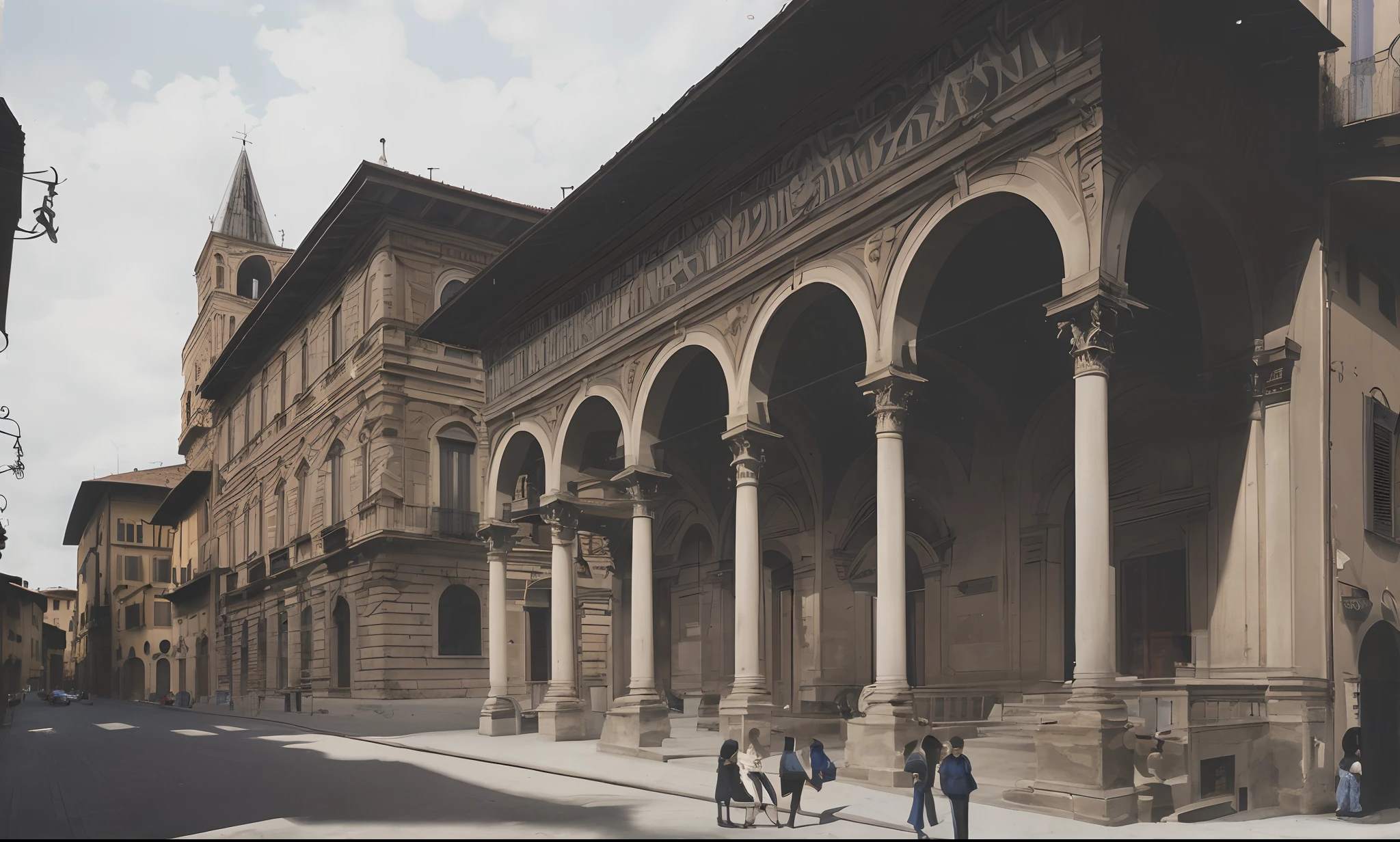 A detailed color photography of a 1600 street in Pistoia (Italy) with a neoclassic portico, bell tower in the distance, dramatic sky, hyperrealistic, blue sky, grey and white buildings, dramatic lighting, (reinassance: 1.3)