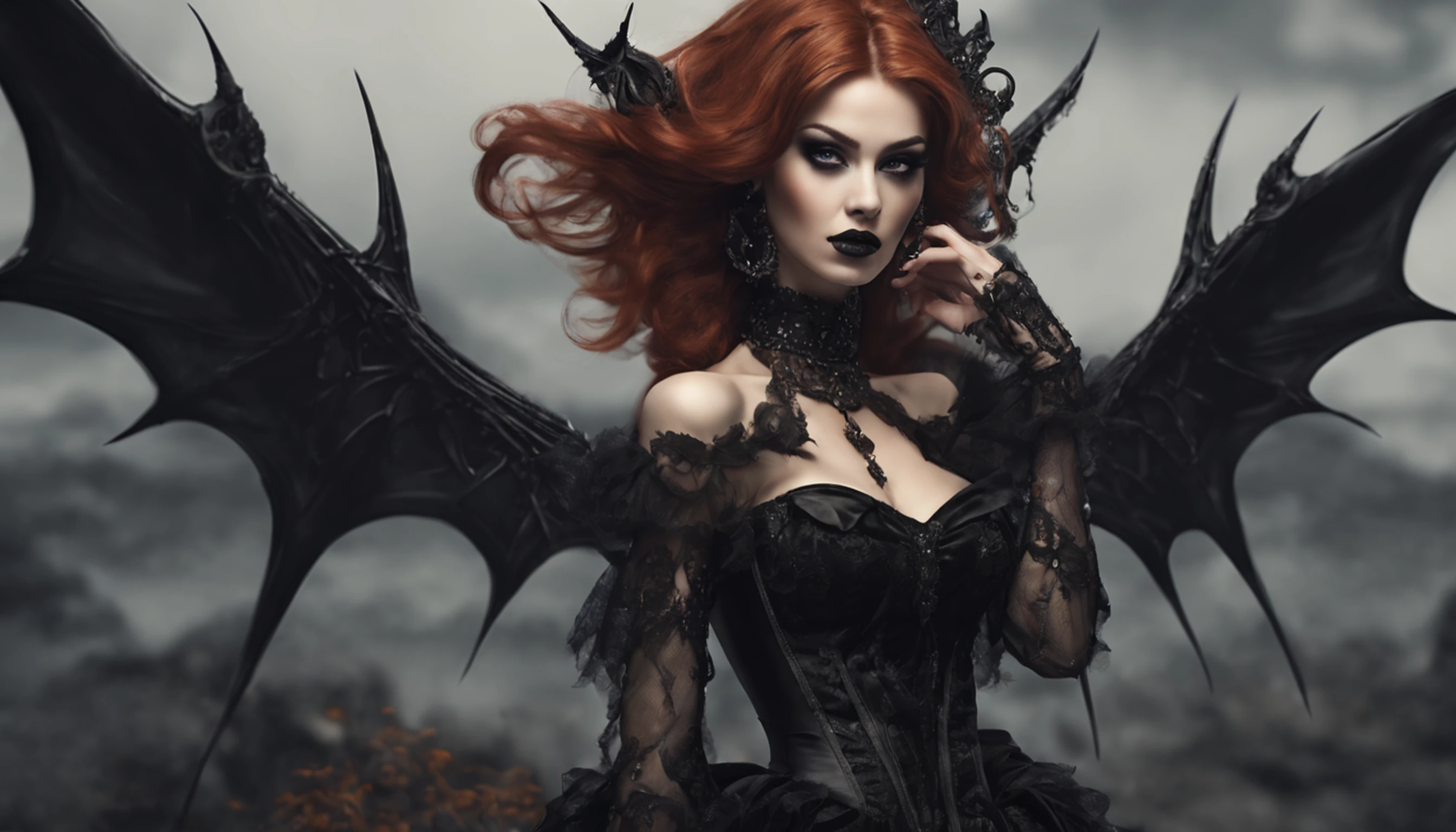 uma imagem de uma fada demoniaca ,ruiva de mechas pretas com asas pretas de borboletas fazendo pose de corpo inteiro ,Gothic dress black vampire teeth detailed image high defined 8k