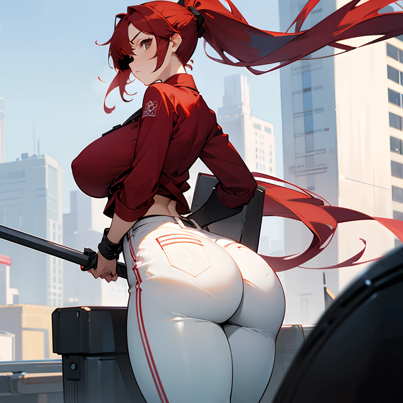 1girl, solo, detailed face, detailed eyes, red hair, long ponytail, white eye, serious, eyepatch, standing, huge breasts, huge ass, wide hips, red shirt, white pants, outdoors, city