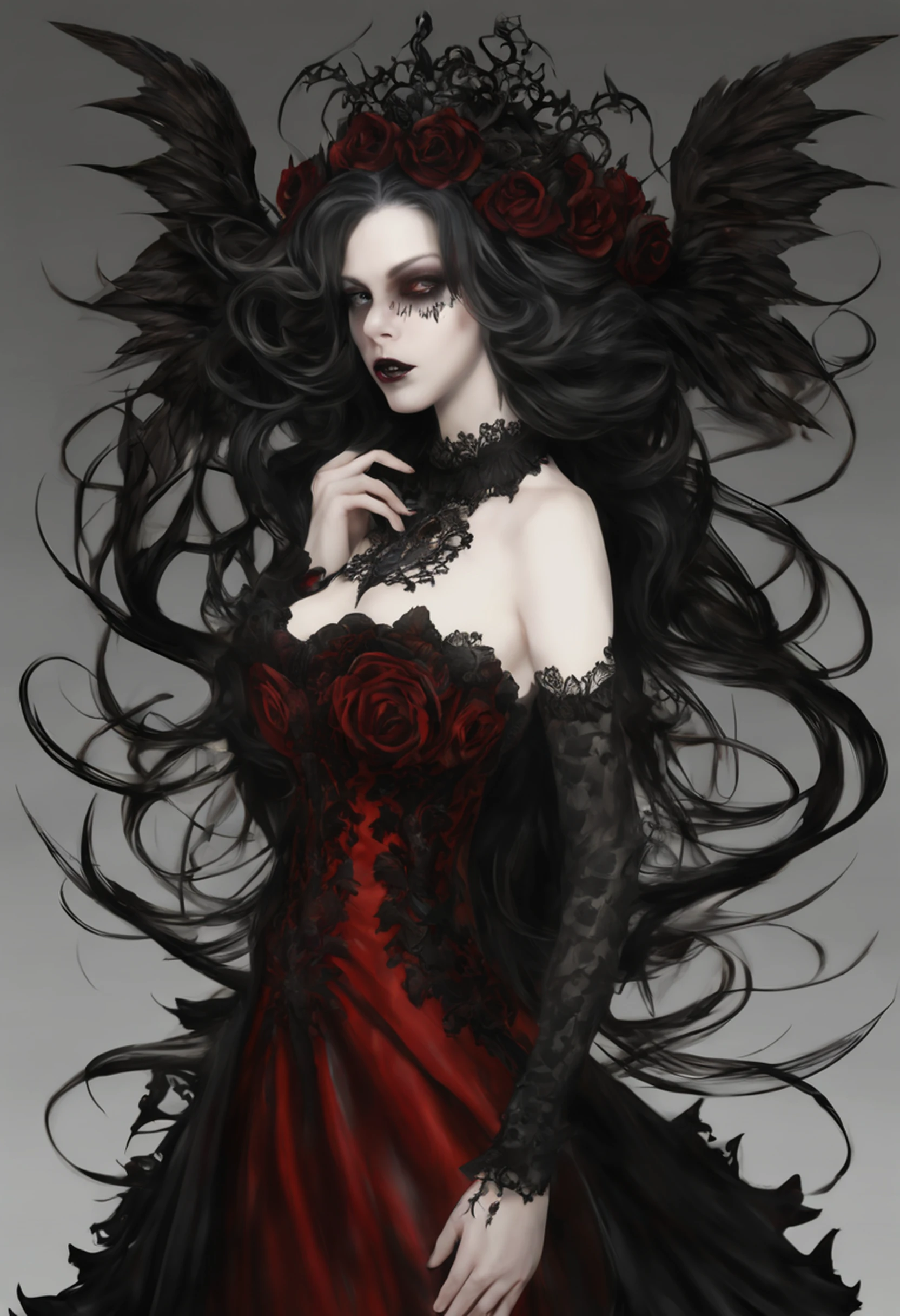 1 Vampiros, (female:0.8), presas venenosas, sangue, Bites on the neck, pale skin, olhos intensos, seductiveexpression, (gotejamento de sangue:1.2), (erotic atmosphere:1.3), Cabelos escuros, long flowing hair, (Vestido de renda preto:1.2), (ombros cortados:0.9), (espartilho vermelho:1.1), (roupas rasgadas:0.8), (pose sedutora:1.2), (Gemendo:1.4), (luar:1.3), (gothic ambient:1.2), (fundo assombroso:1.1), (Levantar uma perna:1.2), (bright lips:0.9), (Sussurre docemente:1.2), (sensual lighting:1.3), (unhas compridas:1.1), (atmosfera pesada:1.2), (Um toque persistente:1.3), (erotic tension:1.4).