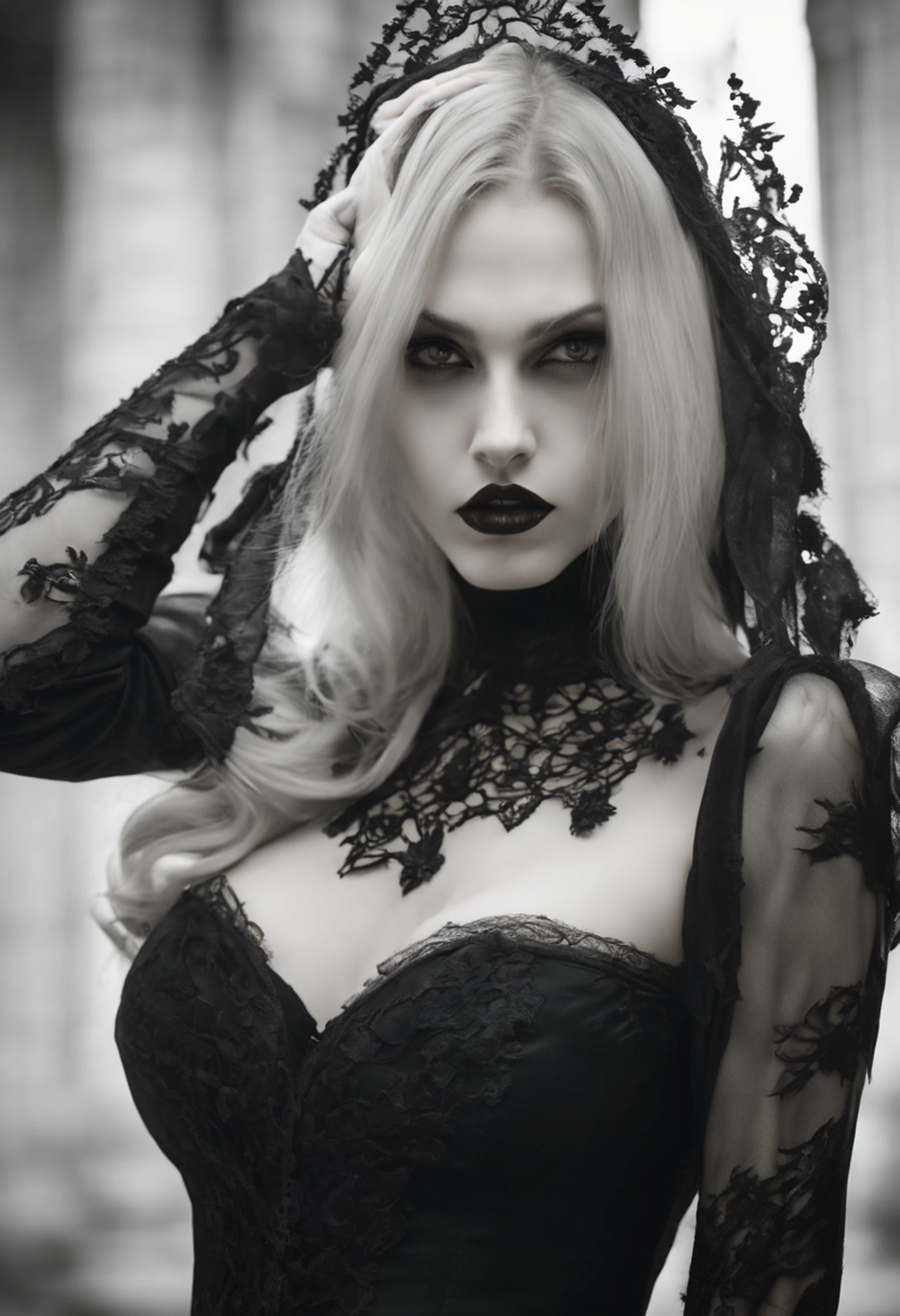 1 Vampiros, (female:0.8), presas venenosas, sangue, Bites on the neck, pale skin, olhos intensos, seductiveexpression, (gotejamento de sangue:1.2), (erotic atmosphere:1.3), Cabelos escuros, long flowing hair, (Vestido de renda preto:1.2), (ombros cortados:0.9), (espartilho vermelho:1.1), (roupas rasgadas:0.8), (pose sedutora:1.2), (Gemendo:1.4), (luar:1.3), (gothic ambient:1.2), (fundo assombroso:1.1), (Levantar uma perna:1.2), (bright lips:0.9), (Sussurre docemente:1.2), (sensual lighting:1.3), (unhas compridas:1.1), (atmosfera pesada:1.2), (Um toque persistente:1.3), (erotic tension:1.4).