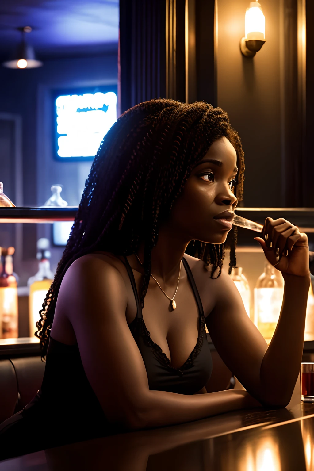 Black woman sitting with glass in hand in a horror movie style bar