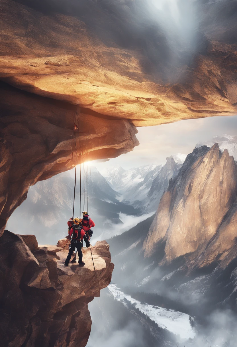 Highlight innovation and bold exploration of rescue technology in urban environments, A group of skilled climbers, Including Chinese individuals, Practice rope rescue techniques in the mountains, Challenge your limits by participating in extreme sports like rock climbing. Climbers show their bravery and tenacity as they climb the peaks, Rely on ropes for support and safety. The scene captures incredible views from the top of the mountain, Highlight breathtaking heights and challenging terrain. This tip shows the emergency response team and its efforts to rescue people in need, Cutting-edge rope rescue technology. The entire scene was shot in Ultra HD (4K, 8K), to ensure maximum detail and realism. The lighting in the scene is carefully set in a studio-like environment, Enhance visual impact. The tip highlights the involvement of the International Association of Rope Technology.