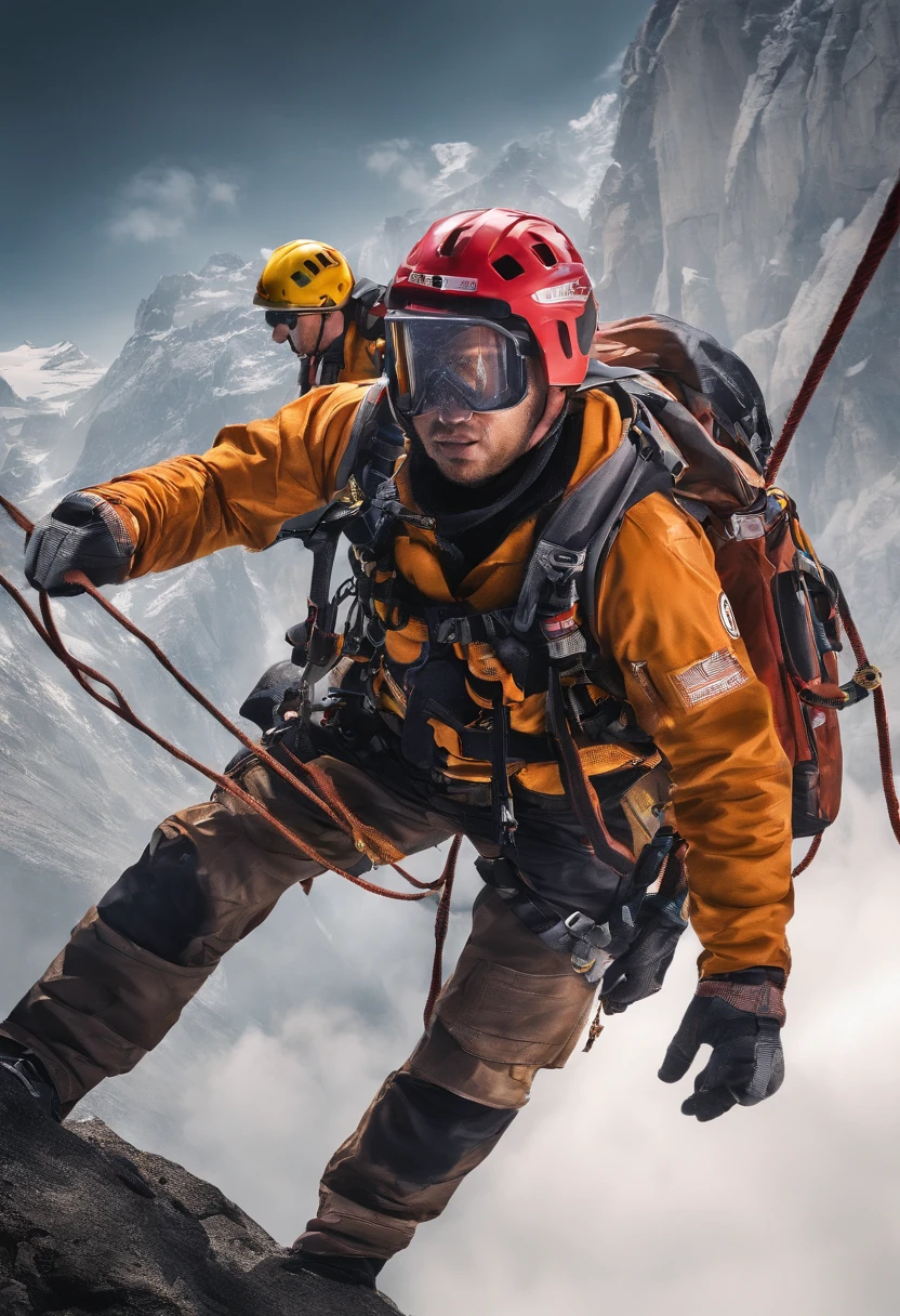 Highlight innovation and bold exploration of rescue technology in urban environments, A group of skilled climbers, Including Chinese individuals, Practice rope rescue techniques in the mountains, Challenge your limits by participating in extreme sports like rock climbing. Climbers show their bravery and tenacity as they climb the peaks, Rely on ropes for support and safety. The scene captures incredible views from the top of the mountain, Highlight breathtaking heights and challenging terrain. This tip shows the emergency response team and its efforts to rescue people in need, Cutting-edge rope rescue technology. The entire scene was shot in Ultra HD (4K, 8K), to ensure maximum detail and realism. The lighting in the scene is carefully set in a studio-like environment, Enhance visual impact. The tip highlights the involvement of the International Association of Rope Technology.