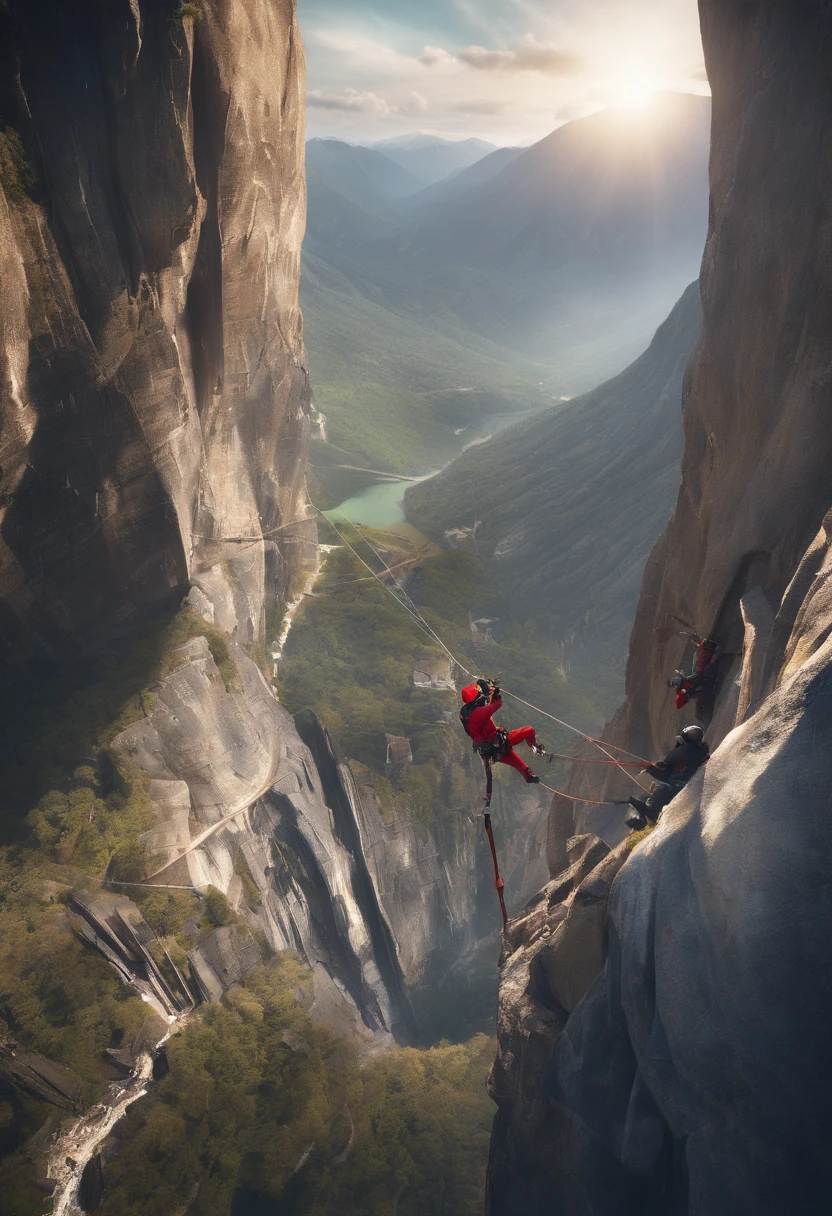 Highlight innovation and bold exploration of rescue technology in urban environments, A group of skilled climbers, Including Chinese individuals, Practice rope rescue techniques in the mountains, Challenge your limits by participating in extreme sports like rock climbing. Climbers show their bravery and tenacity as they climb the peaks, Rely on ropes for support and safety. The scene captures incredible views from the top of the mountain, Highlight breathtaking heights and challenging terrain. This tip shows the emergency response team and its efforts to rescue people in need, Cutting-edge rope rescue technology. The entire scene was shot in Ultra HD (4K, 8K), to ensure maximum detail and realism. The lighting in the scene is carefully set in a studio-like environment, Enhance visual impact. The tip highlights the involvement of the International Association of Rope Technology.