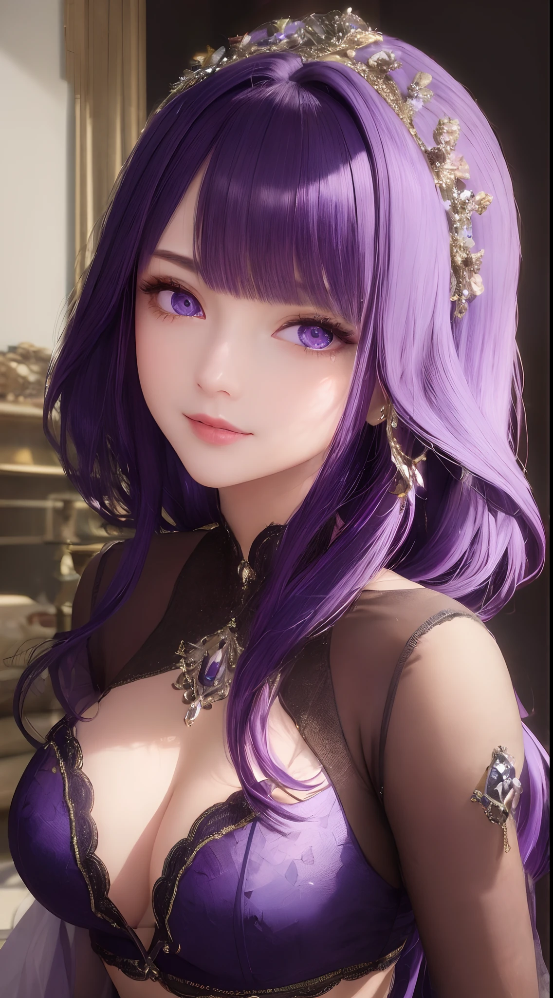 (masterpiece, sidelighting, finely detailed beautiful eyes: 1.2), masterpiece*portrait, realistic, 3d face, glowing eyes, shiny hair, lustrous skin, solo, embarassed, (midriff), purple hair, soft lips, glossy lips