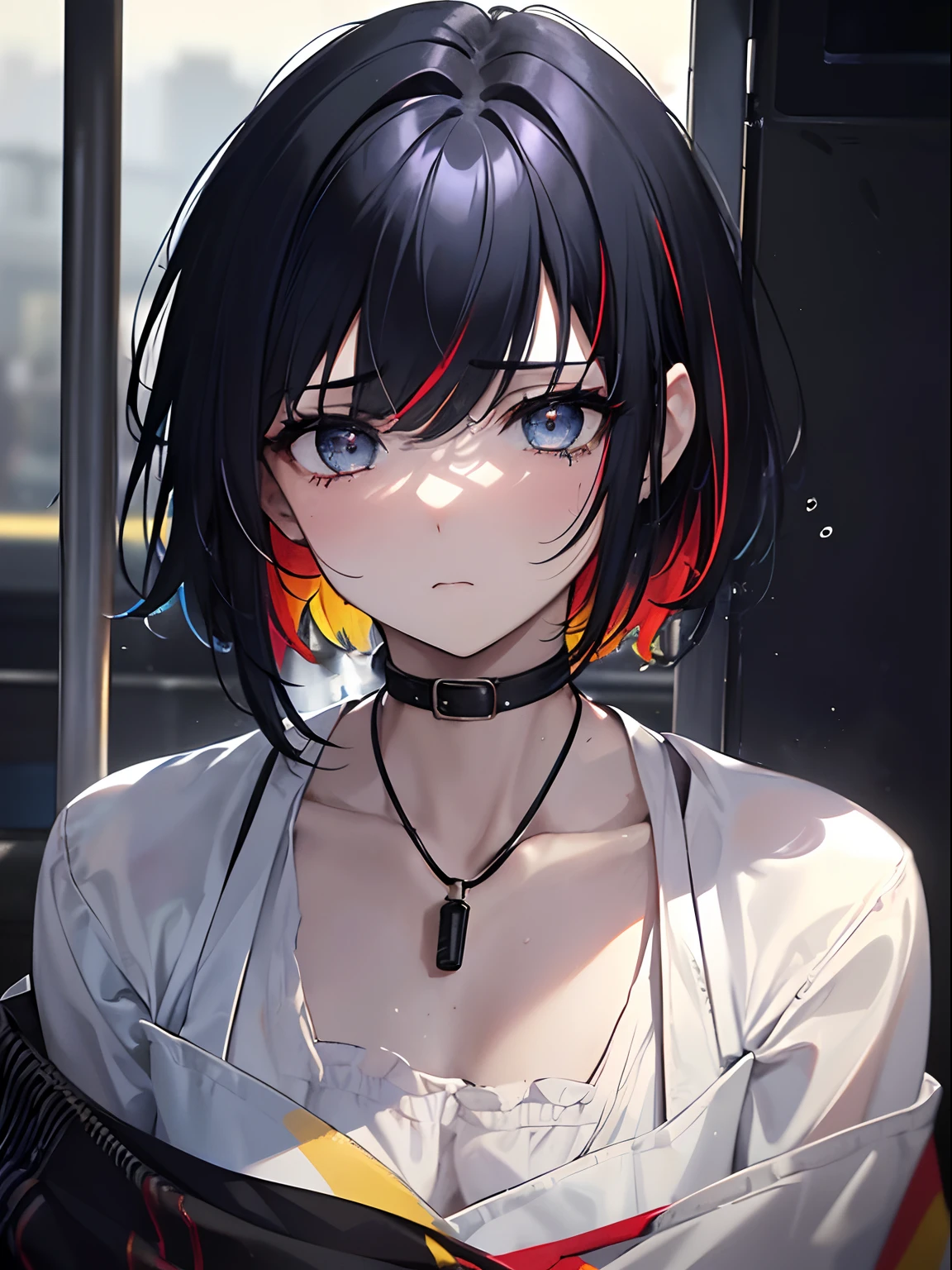 (masterpiece,best quality,ultra-detailed),1girl,short hair,messy hairstyle,(multicolor hair, red blue yellow black hair),black hair,tired expression,sad, detailed eyes,((very close up)),(grey theme),(depression theme),fatigue, tired,((depression, sadness, melancholy)),small chest,in the train station