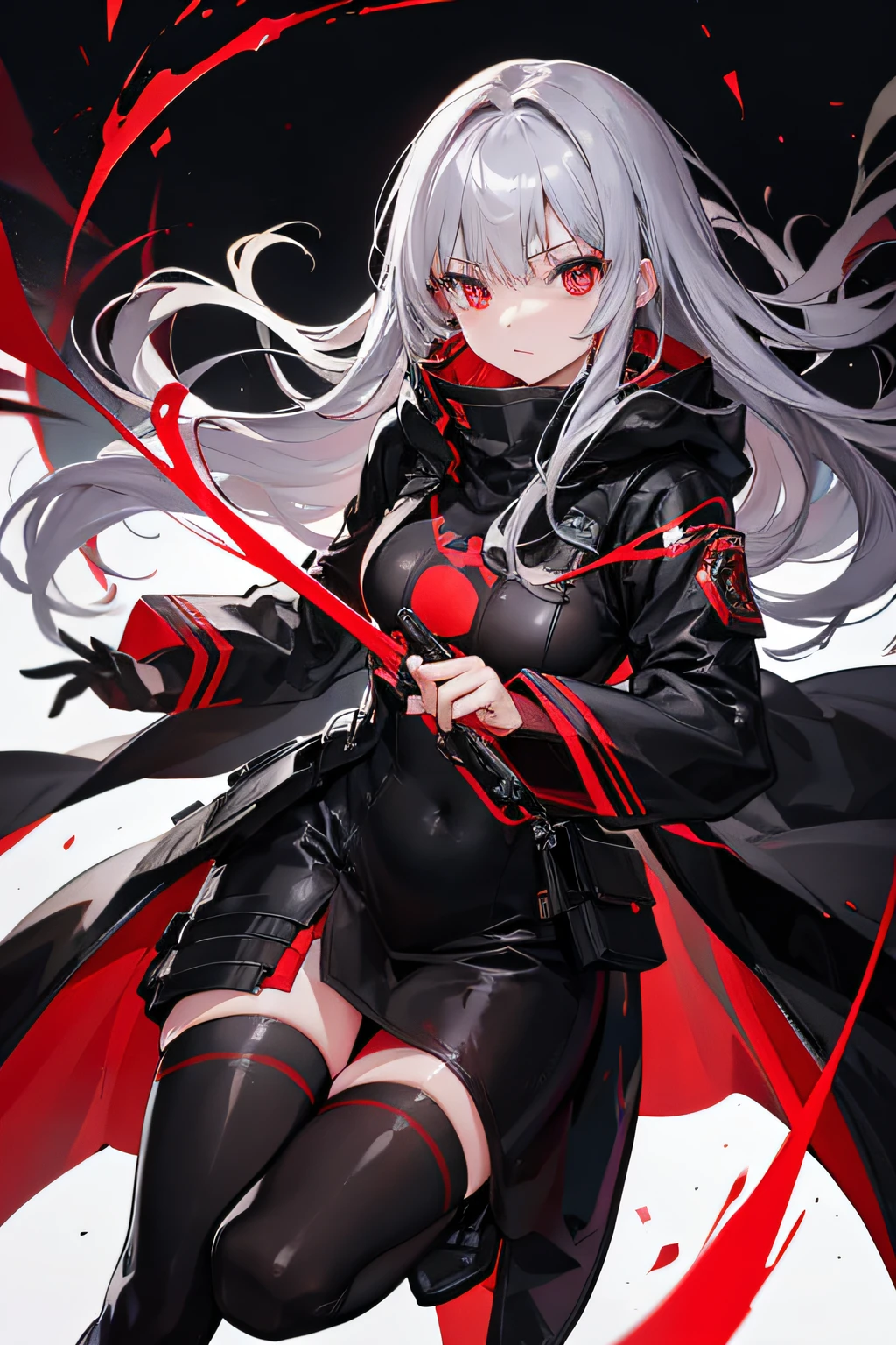 Wearing a red aura、Wearing a black shiny coat in a combat regime、with gray hair、Red-eyed boy